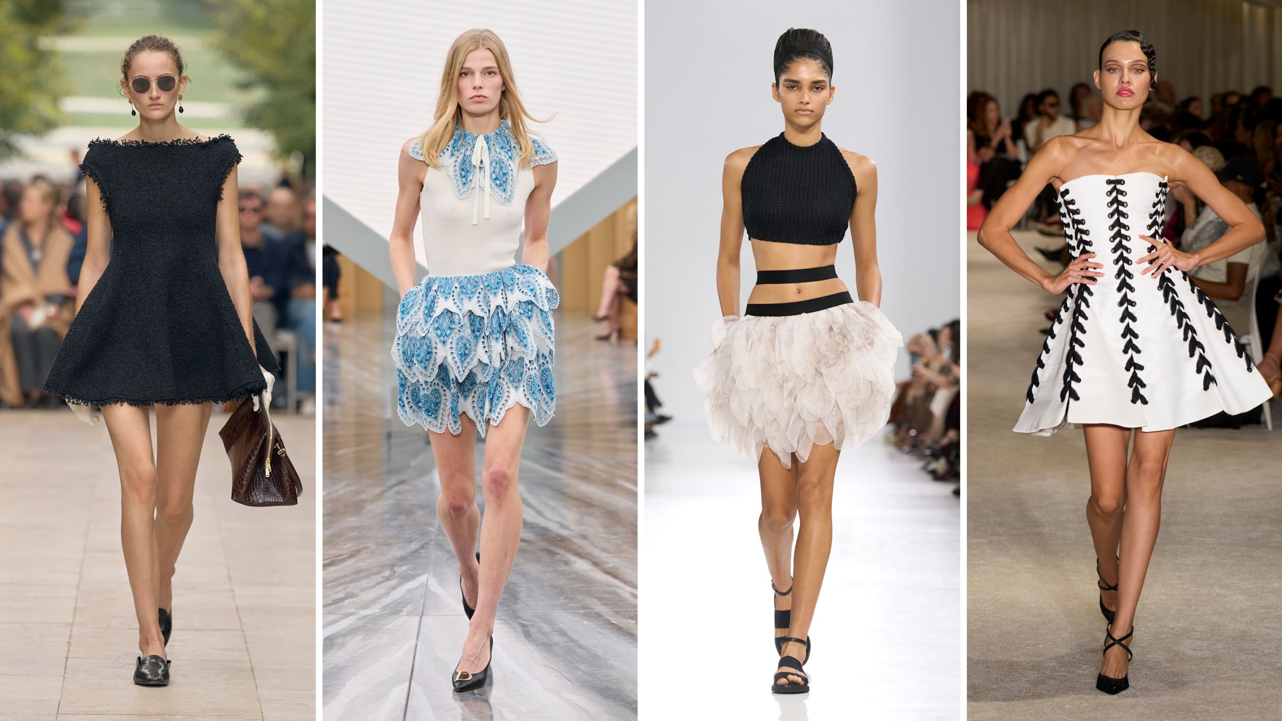 Dalle collezioni PE26: da sinistra, look di Celine, Christian Siriano, Christian Dior e Max Mara - Credits: Launchmetrics.com/Spotlight