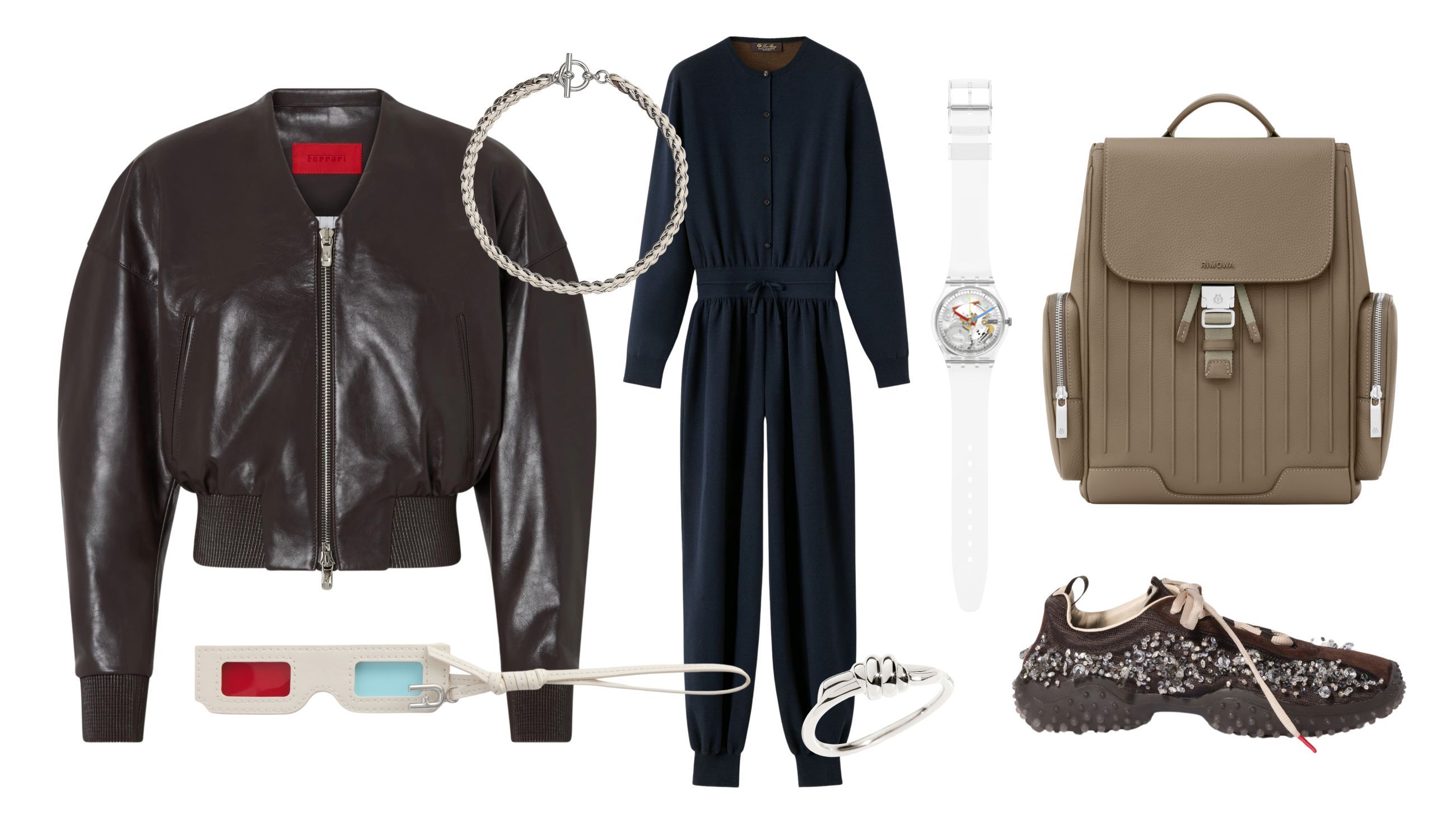 Bomber di pelle Ferrari, tuta Loro Piana, sneakers Miu Miu, zaino Rimowa, collana Hermès, orologio Swatch, anello Dodo, charm “occhiale 3D” Furla