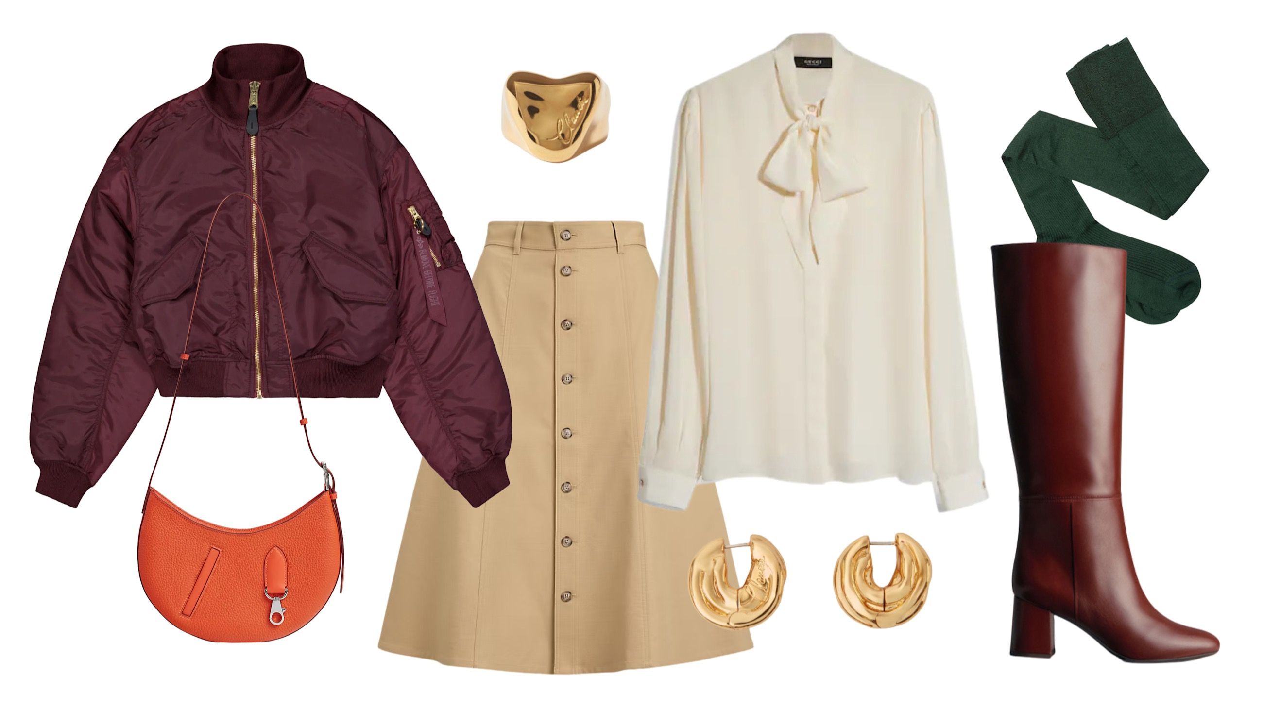 Bomber jacket, Alpha Industries; camicia, Gucci; gonna, Ralph Lauren; parigine, Maria La Rosa; stivali, Sézane; borsa, Hermès; orecchini e anello, Claudie Pierlot