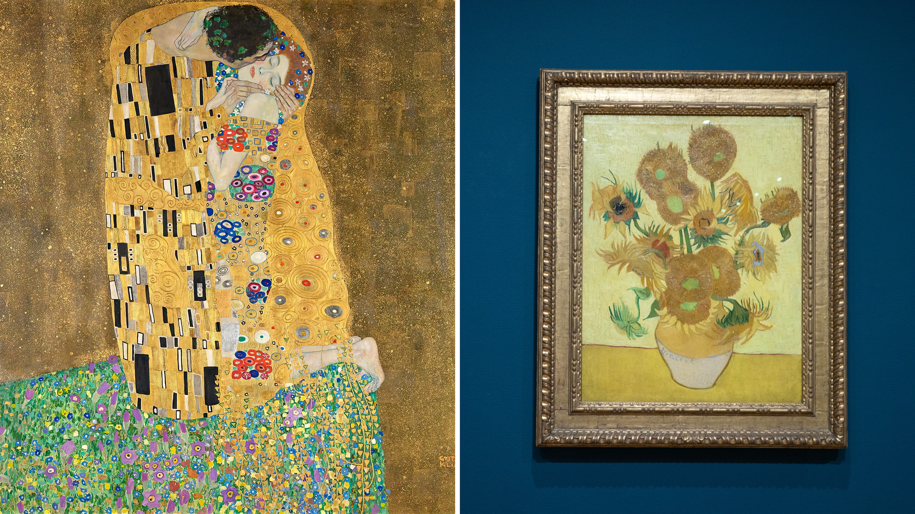 “Il bacio”, olio su tela di Gustav Klimt; “I Girasoli”, olio su tela di Vincent Van Gogh
Credit: Getty Images
