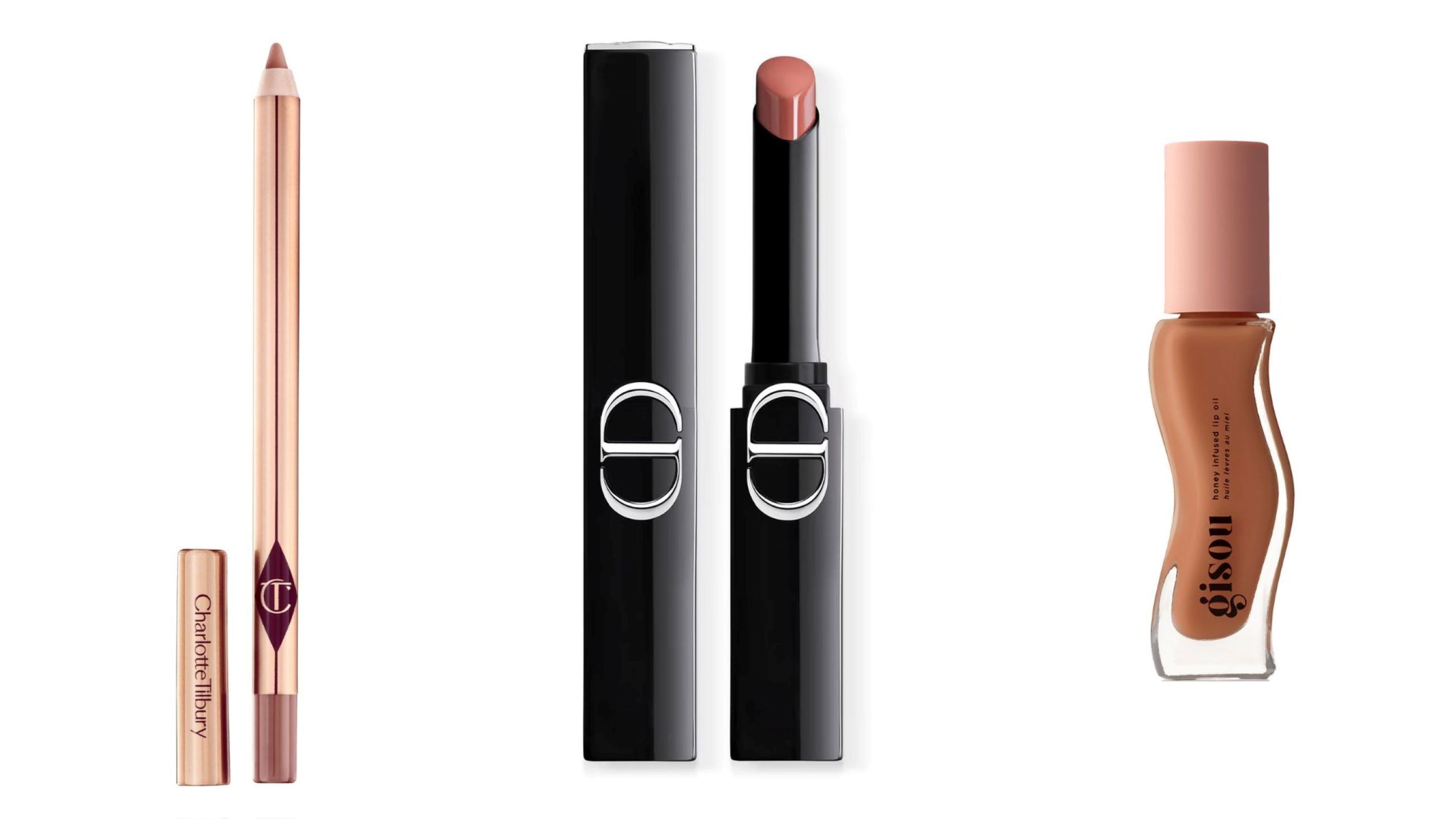 Charlotte Tilbury, Lip Cheat; Dior, Rouge Dior On Stage; Gisou, Lip Oil Sticky Toffee - Credits: Courtesy Press Office