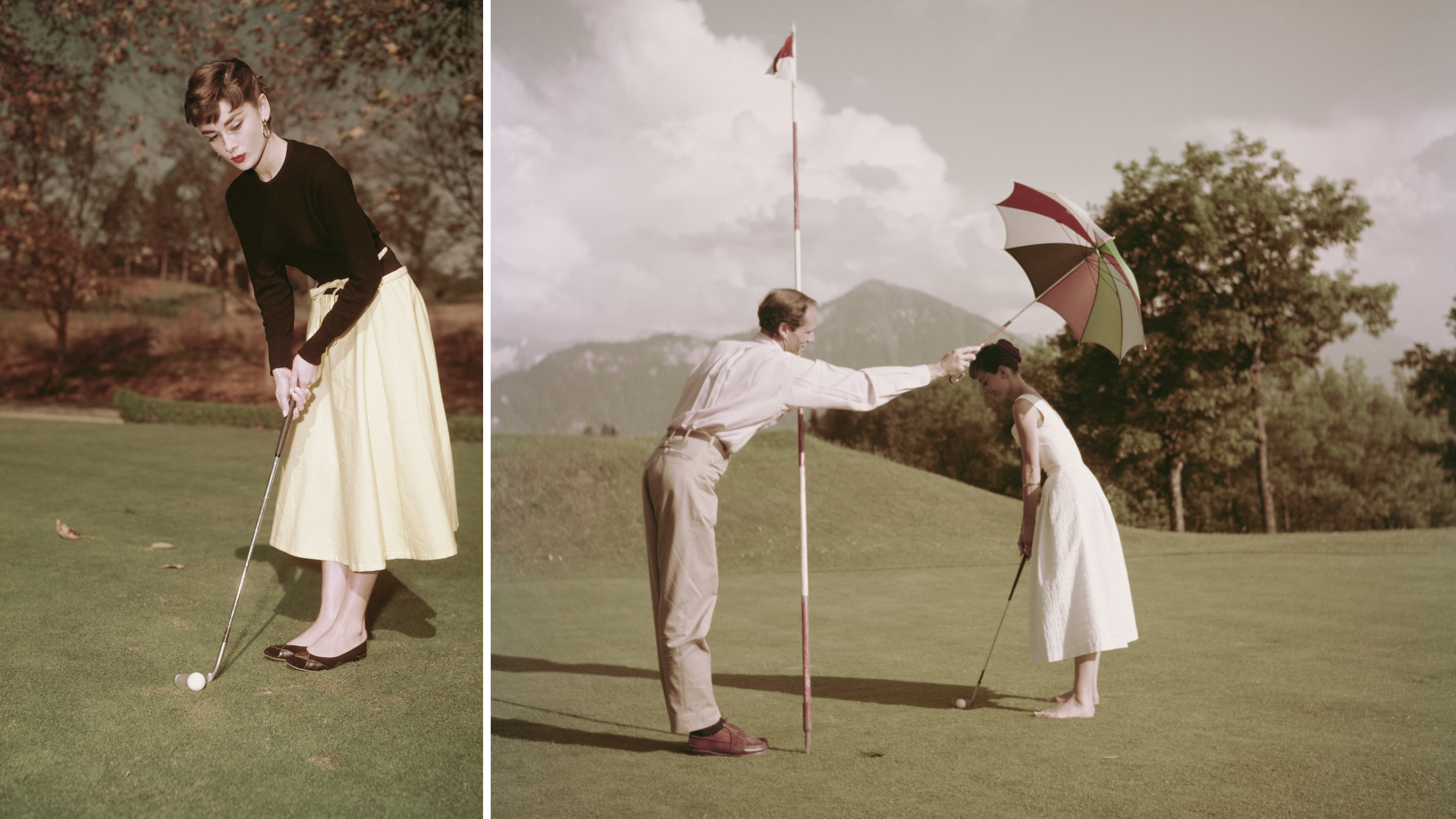 L'attrice Audrey tenta di mandare in buca la pallina con un regale putt; Audrey ed il marito, l’attore americano Mel Ferrer, su un campo da golf al Bürgenstock resort in Svizzera - Anni 50
Credits: Getty Images