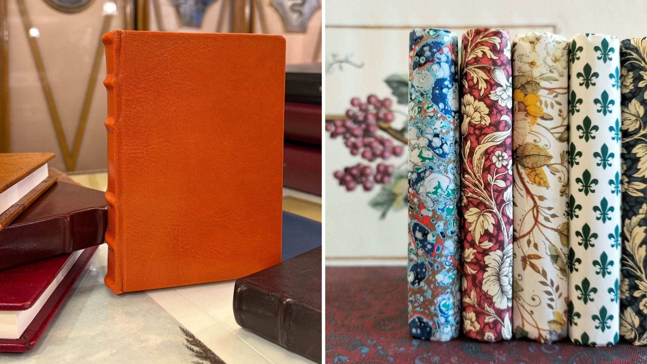 Agende realizzate da Ditta Raimondi di Pettinaroli: a sinistra, i modelli dalla copertina in pelle, a destra, quelli in carta di Varese con diverse fantasie - Credits: Ditta Raimondi di Pettinaroli