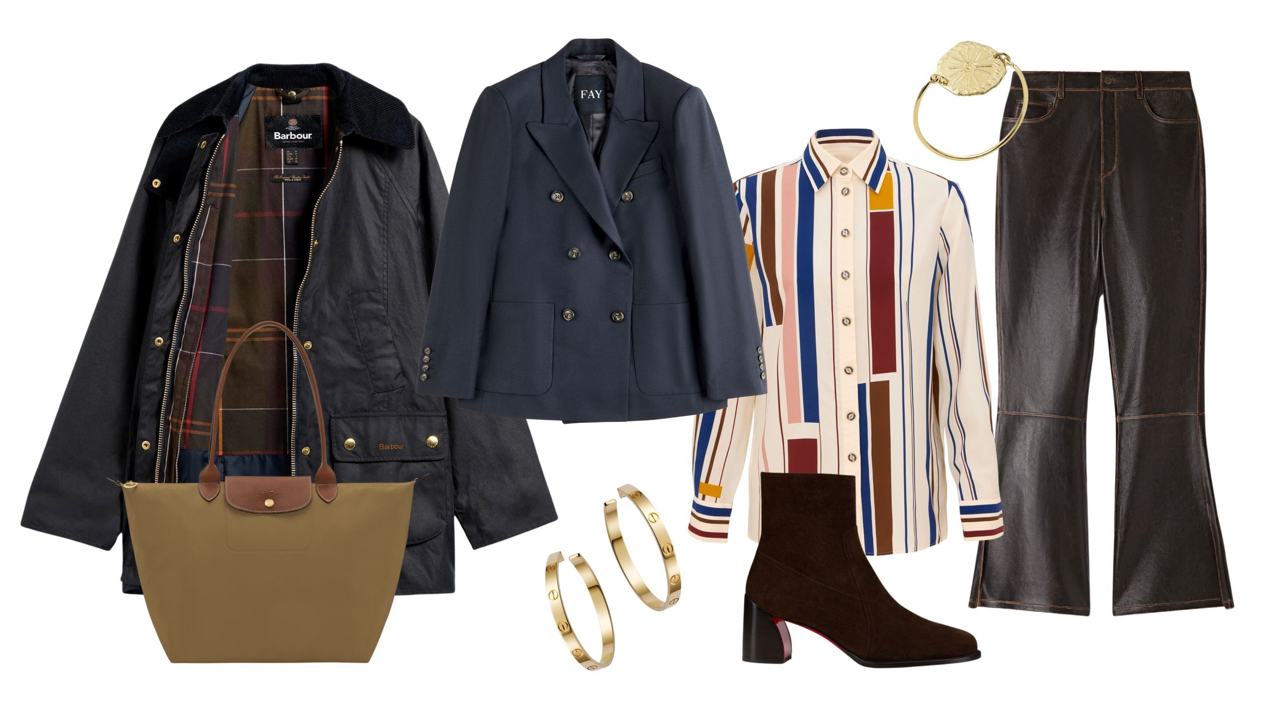 Giacca Barbour, blazer Fay, camicia Zimmermann, pantaloni Sandro Paris, stivaletti Christian Louboutin, borsa Longchamp, orecchini Cartier, anello Ines de la Fressange