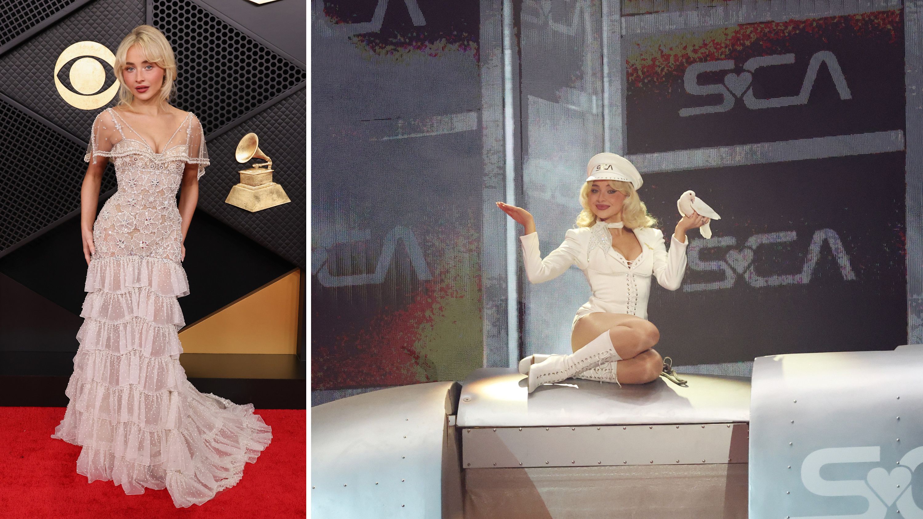 A sinistra Sabrina Carpenter sul tappeto rosso dei Grammy Awards 2026, a destra incanta il pubblico con la sua performance, Crypto.com Arena, Los Angeles - Credits: Getty Images
