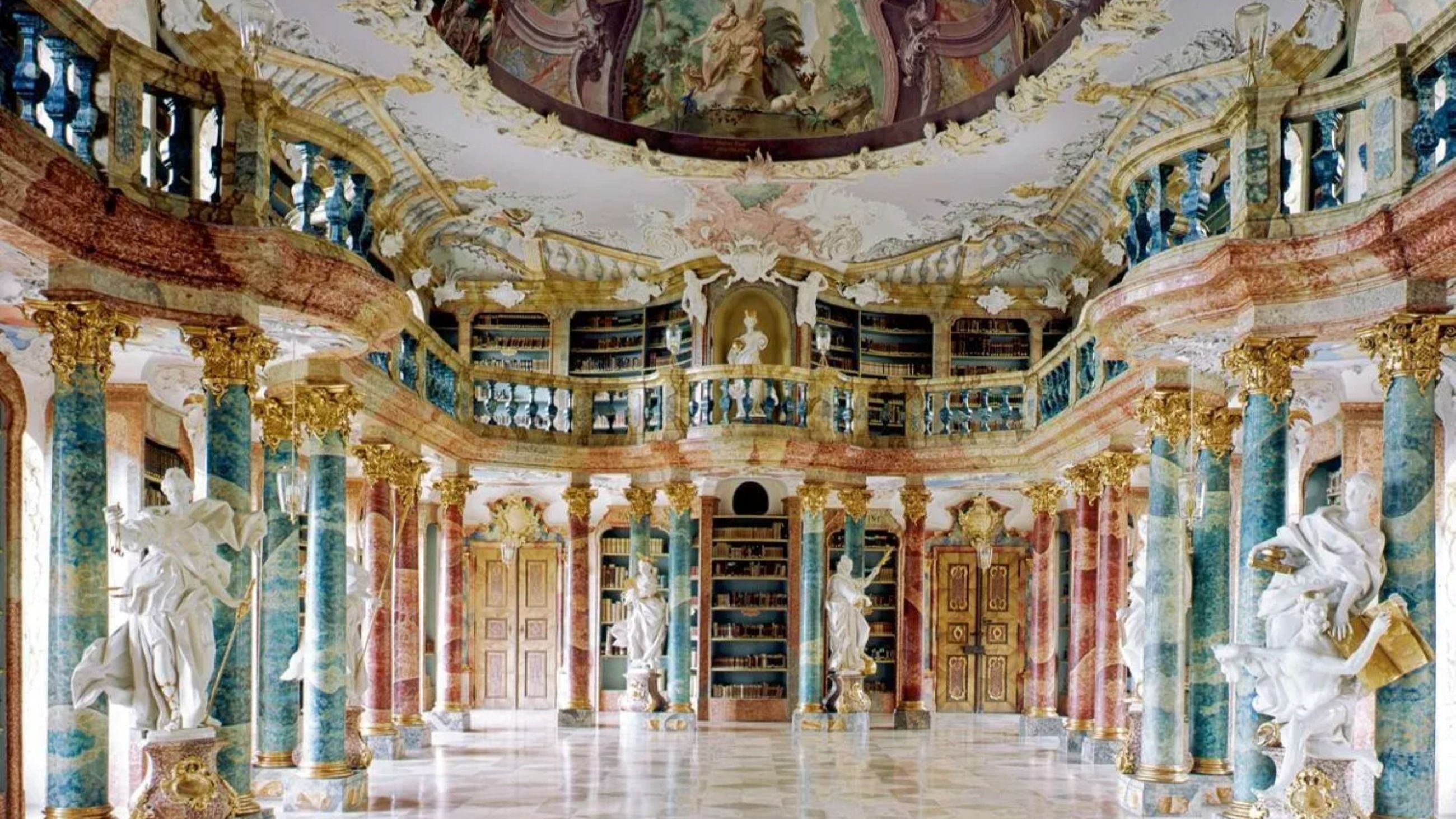La biblioteca del monastero di Wiblingen - Credits: https://www.kloster-wiblingen.de/erlebnis-kloster-garten/kloster-garten/gebaeude/bibliothekssaal