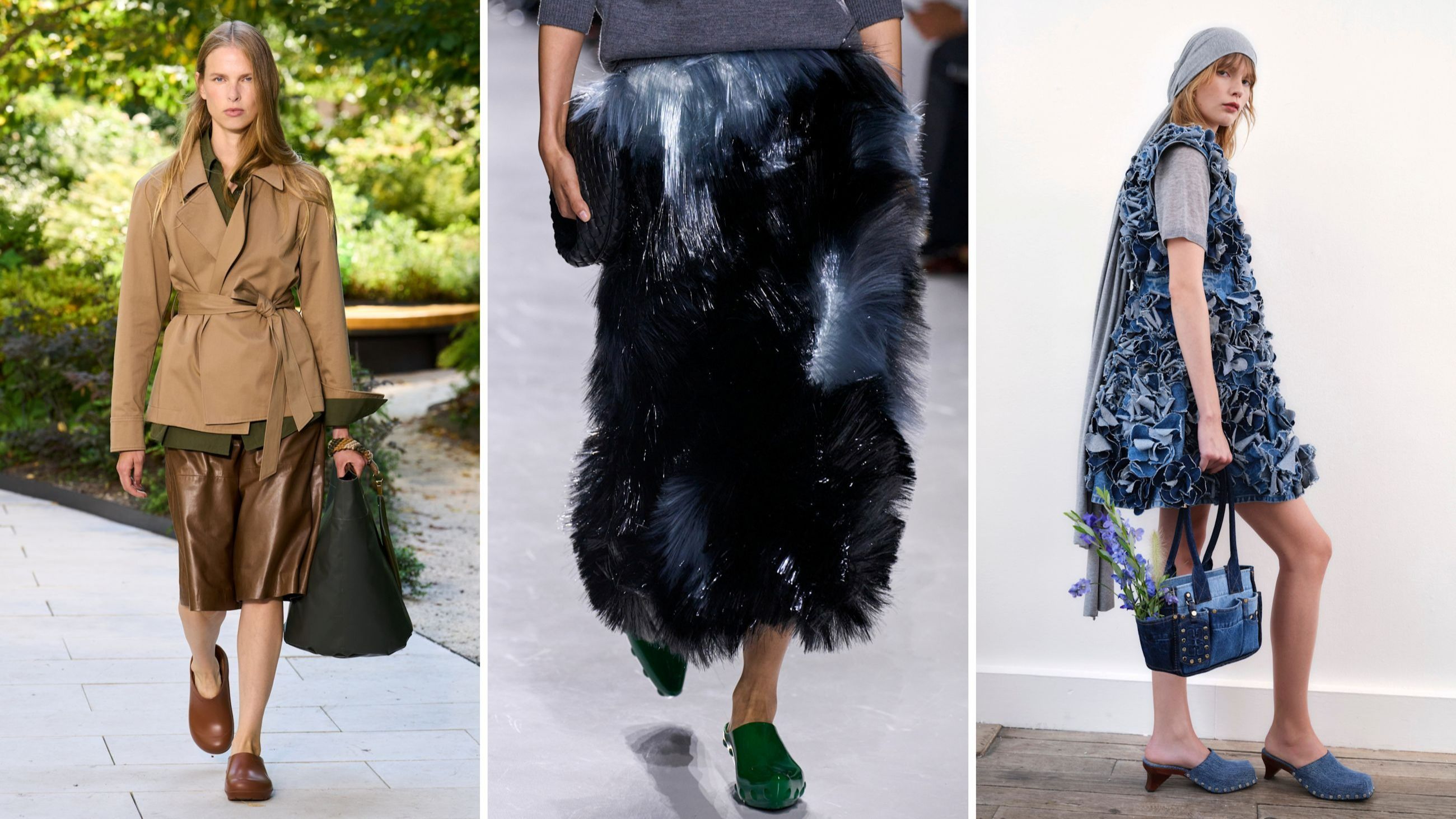 Dalle sfilate PE26: da sinistra zoccoli TWP; Bottega Veneta; Ganni - Credits: Launchmetrics.com/Spotlight