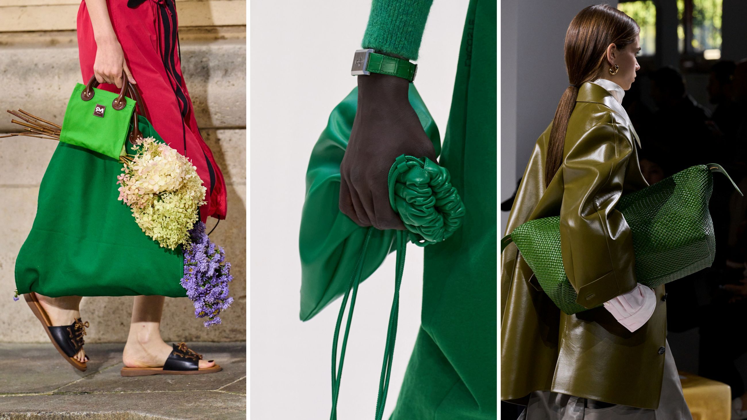 Dalle sfilate PE26: ecco andare in scena il verde muschio. Da sinistra, creazioni di Christian Dior, Stella McCartney e Missoni - Credits: Launchmetrics.com/Spotlight