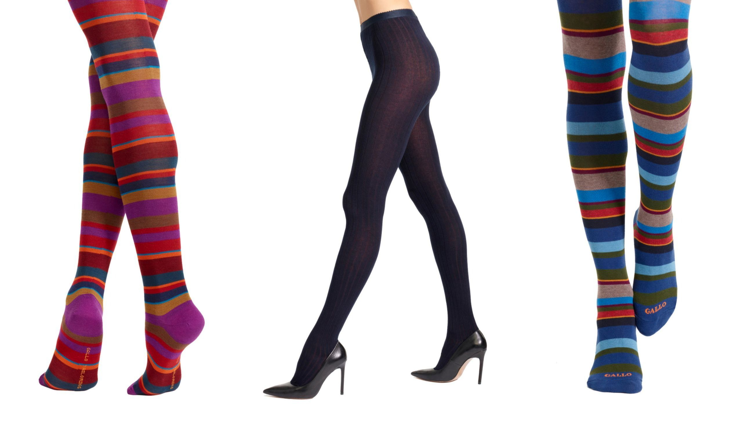Alcuni modelli di collant firmati Gallo: a sinistra e a destra quelli in cotone blu e bordò con righe multicolor. Al centro, la versione in cotone blu vanisé - Credits: www.gallo.it
