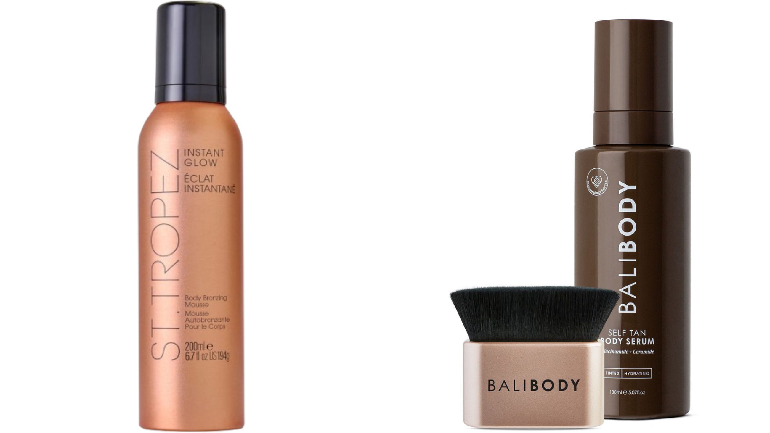 Da sinistra: St. Tropez, Instant Glow Body Bronzing Mousse; Bali Body, Self Tan Siero Autoabbronzante Corpo - Courtesy Press Office 