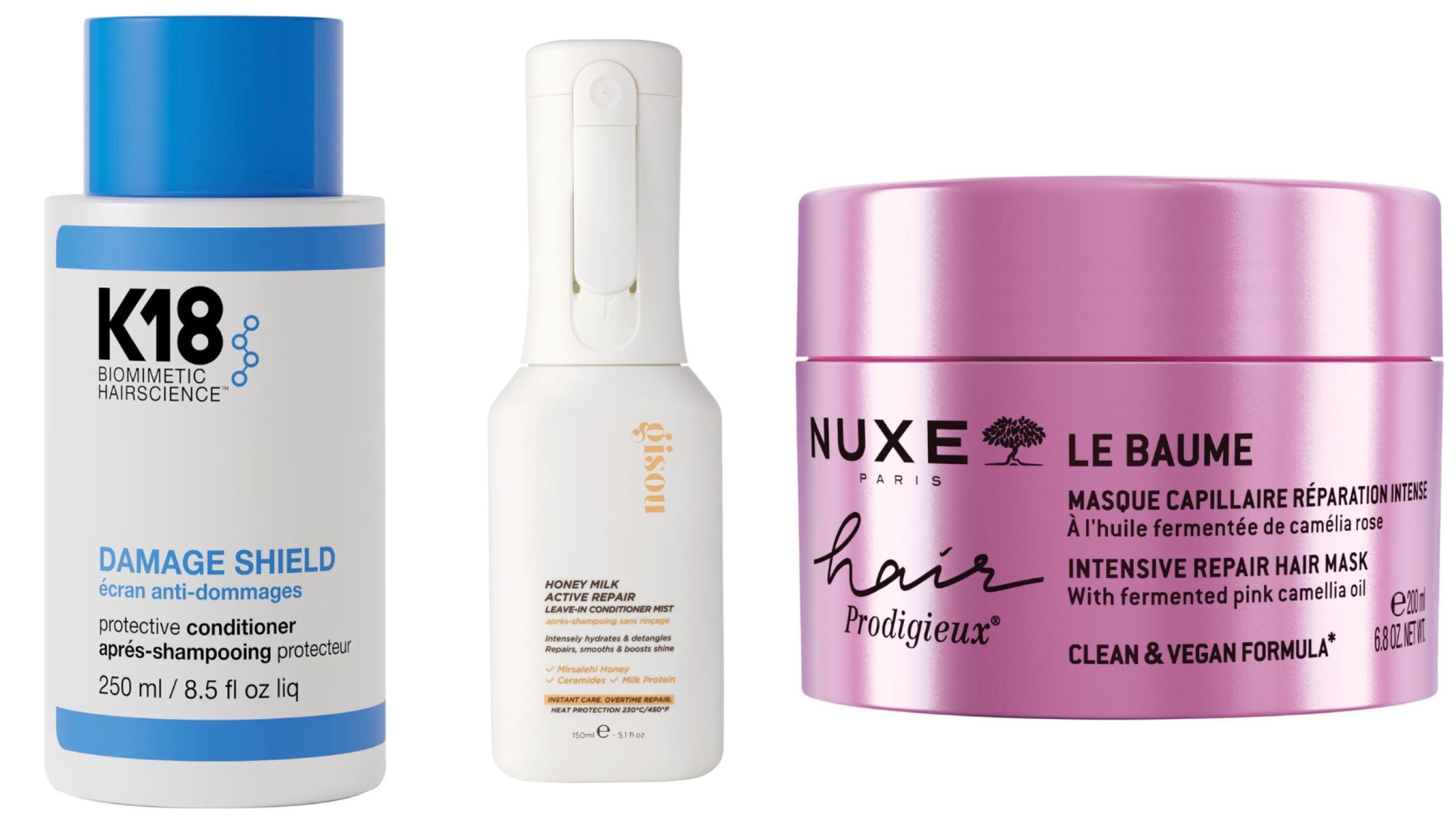 K18, Damage Shield Protective Conditioner; Gisou, Honey Milk Active Repair Leave-In Conditioner Mist; Nuxe, Hair Prodigieux Le Baume - Credits: Courtesy Press Office