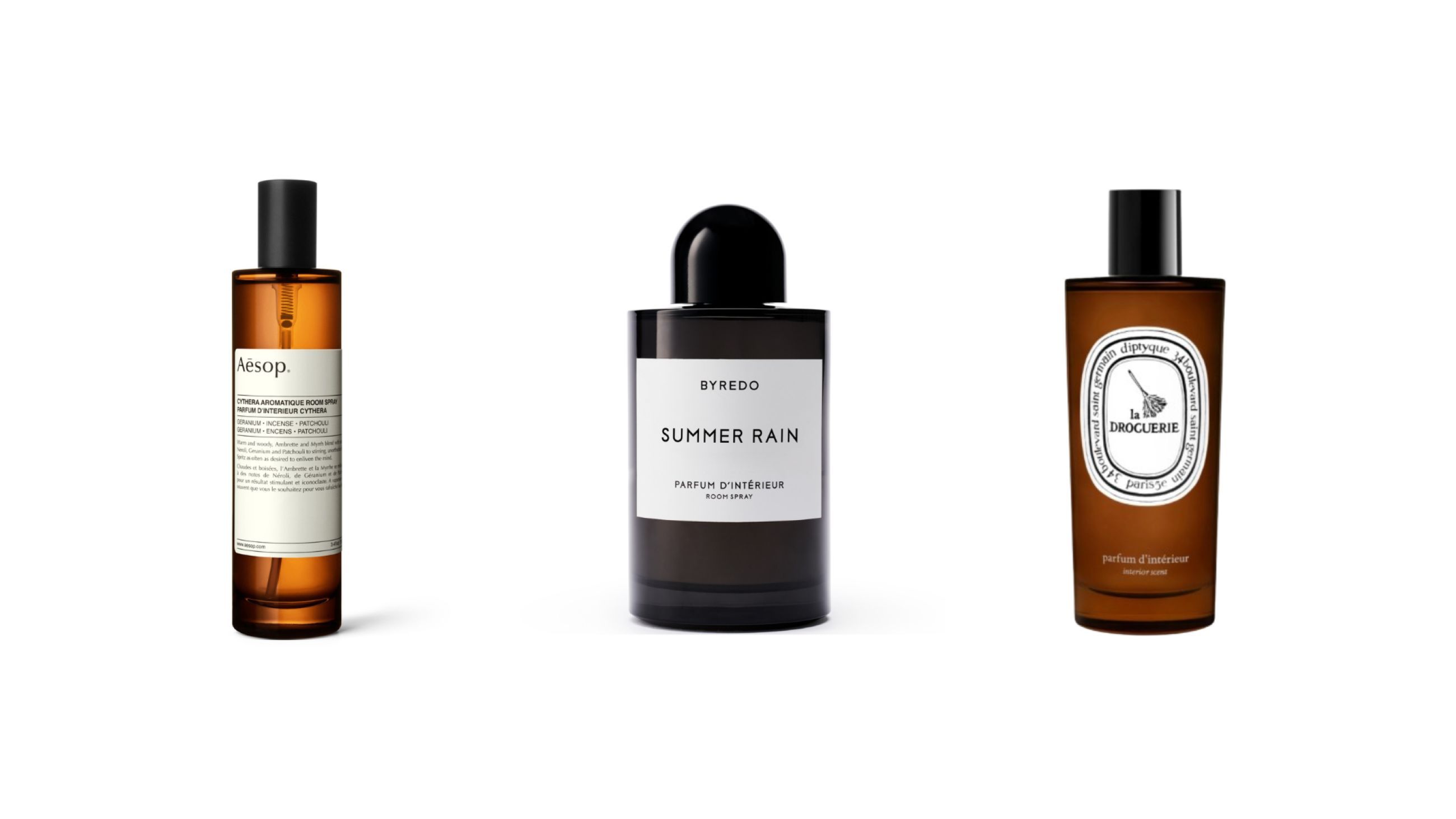 Da sinistra: Aesop, Cythera Aromatique Room Spray; Byredo, Summer Rain Interior Parfum; Diptyque, La Droguerie Interior Scent - Courtesy Press Office