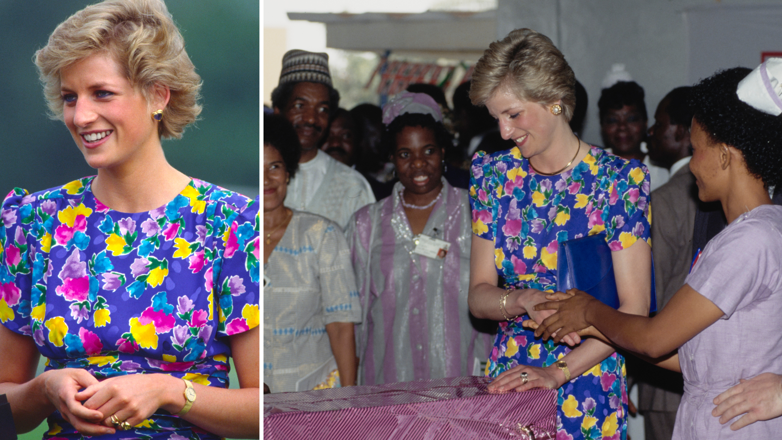 Lady Diana splendida e solare con indosso il Caring Dress. A sinistra, durante una partita di polo benefica, al Guards Polo Club di Windsor, nel 1988; a destra, durante una visita al Lagos University Teaching Hospital nella città di Lagos, in Nigeria. 
Credit: Getty Images 
