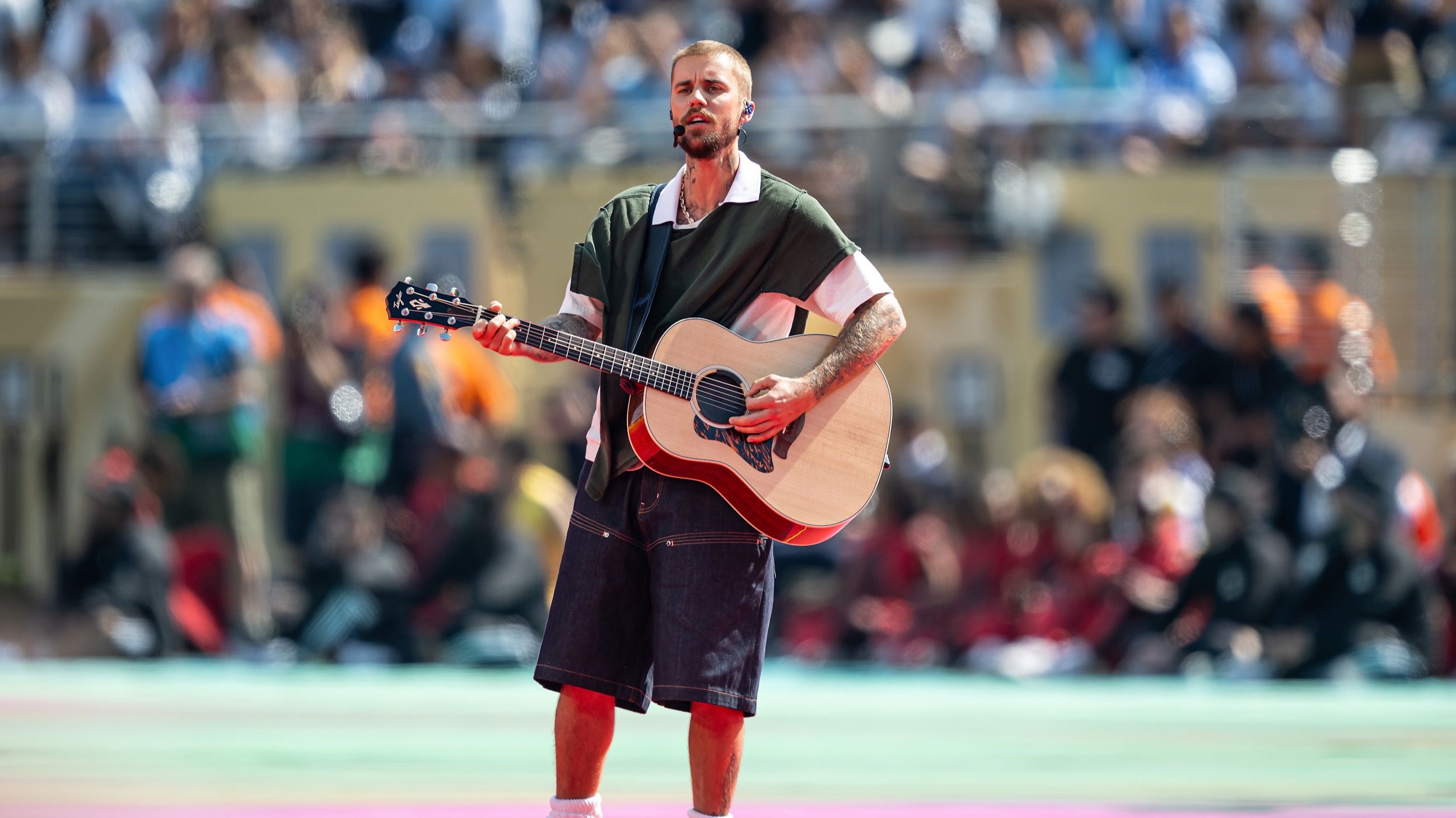 Justin Bieber si esibisce durante l’Halftime Show della finale della Coppa del Mondo FIFA, durante la finale della Coppa del Mondo FIFA 2026 tra Spagna e Argentina al New York New Jersey Stadium, il 19 luglio 2026, a East Rutherford, nel New Jersey - Credits: Getty Images