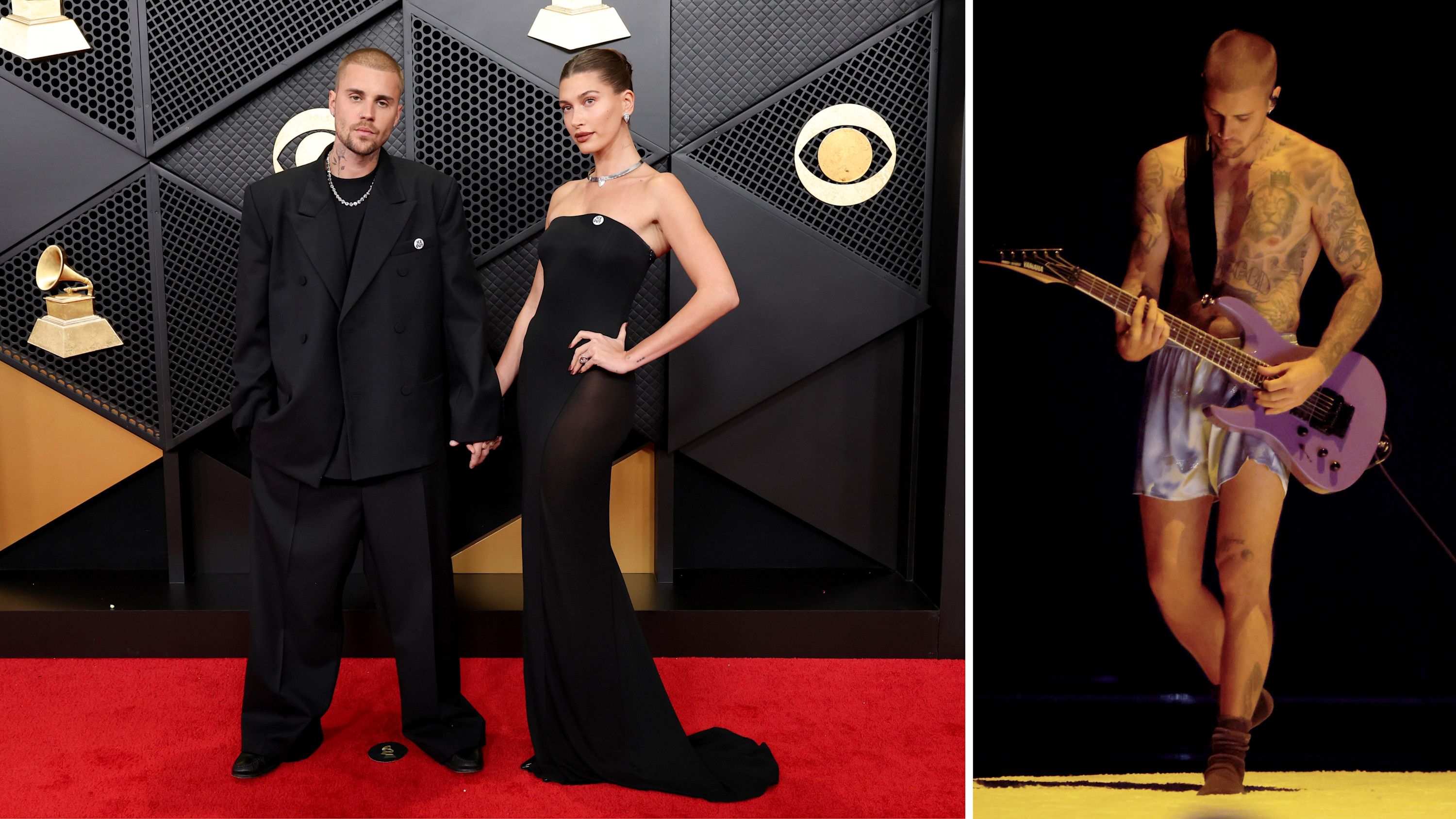A sinistra Justin ed Hailey Bieber insieme sul red carpet dei Grammy Awards 2026, a destra il cantante durante la sua esibizione, Crypto.com Arena, Los Angeles - Credits: Getty Images

