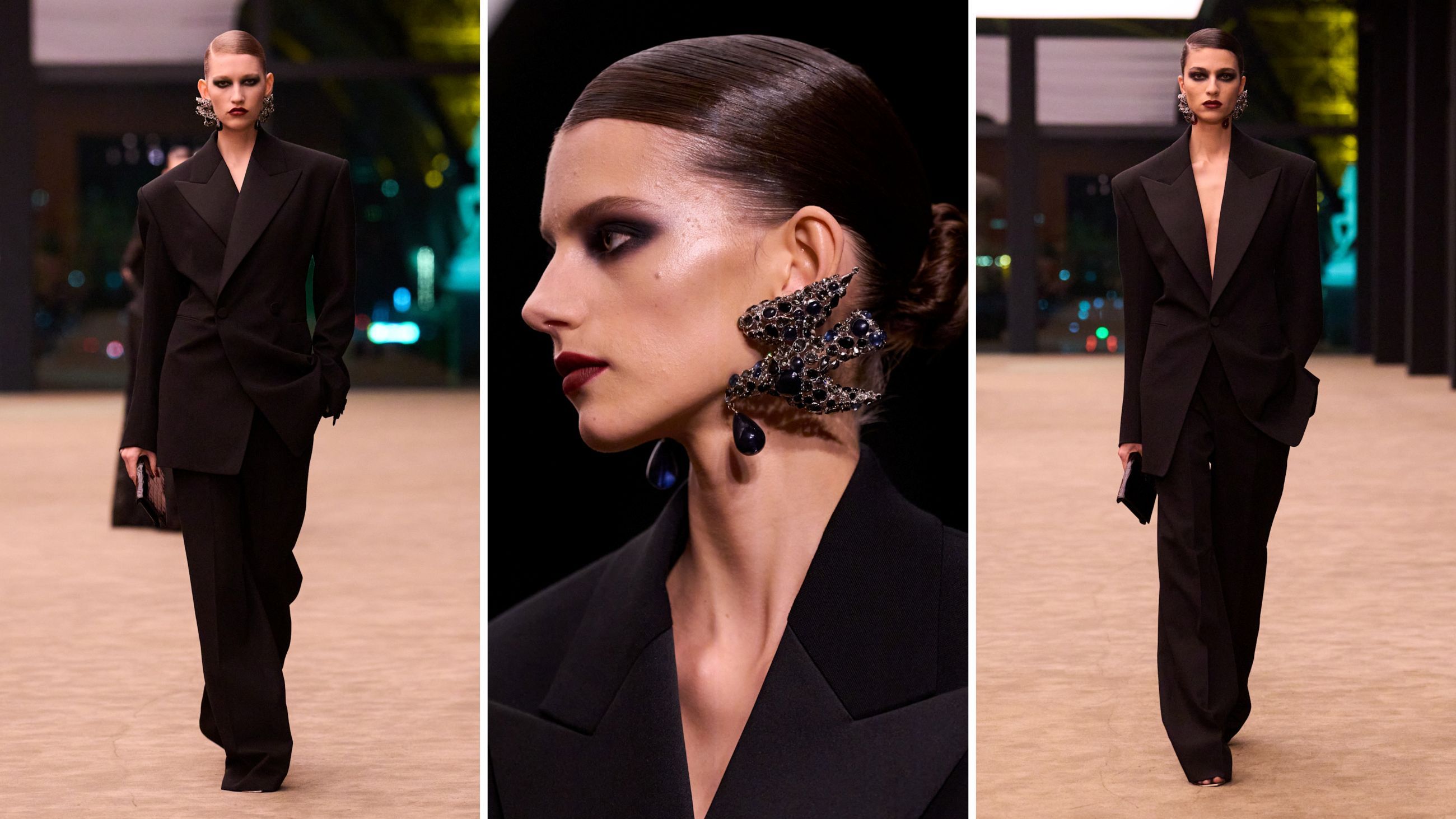 In passerella nella sfilata di Saint Laurent FW26-27 lo smoking conferma il suo essere emblema iconico della maison fondata da Yves Saint Laurent; al centro un focus sui bijoux a tema faunistico - Credits: Launchmetrics.com/Spotlight