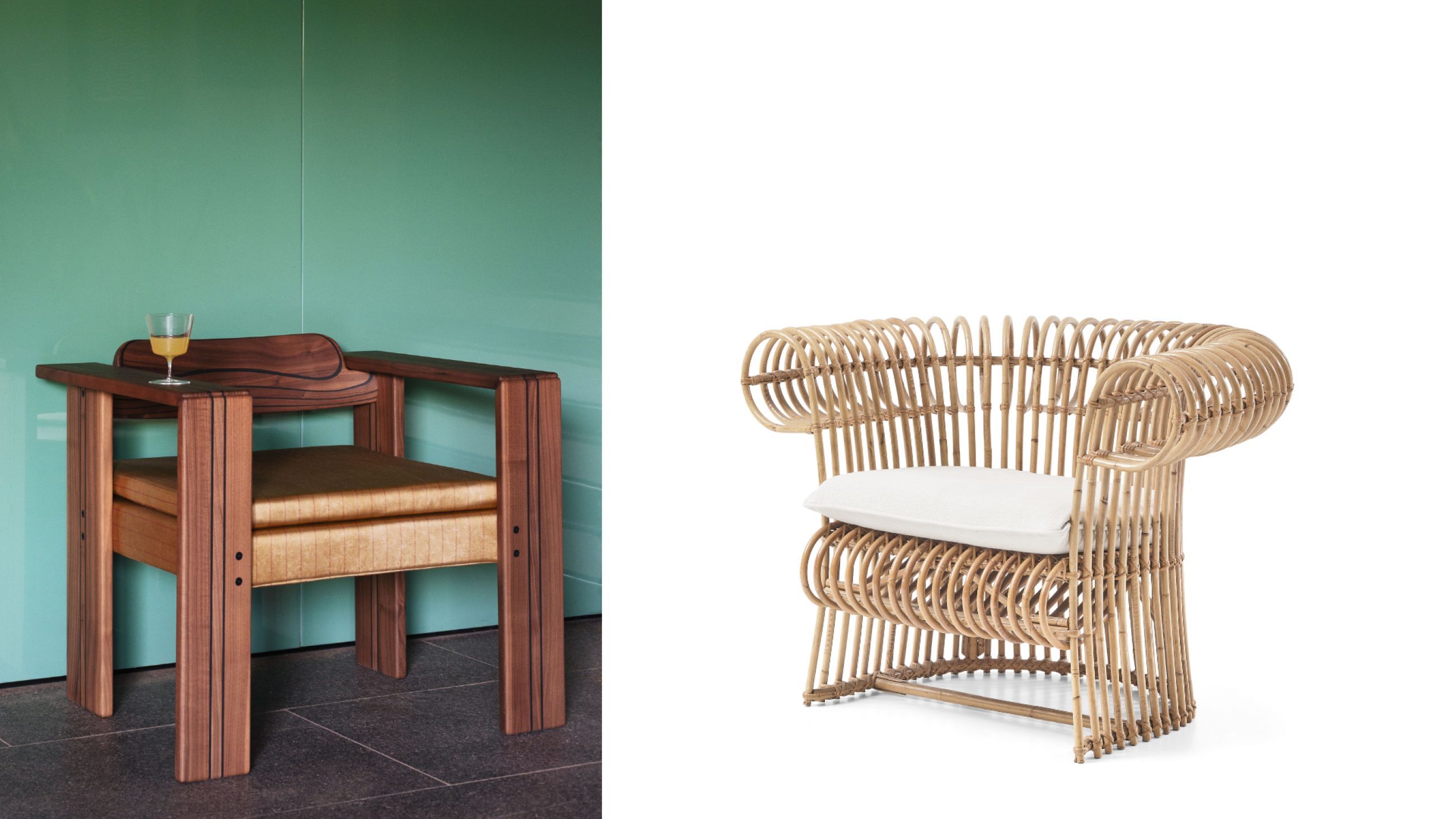 A sinistra: Collezione Artona, Tobia Scarpa, Tacchini - Courtesy Andrea Ferrari; a destra: Sedia R 513, Vico Magistretti, Gervasoni - Courtesy Gervasoni 