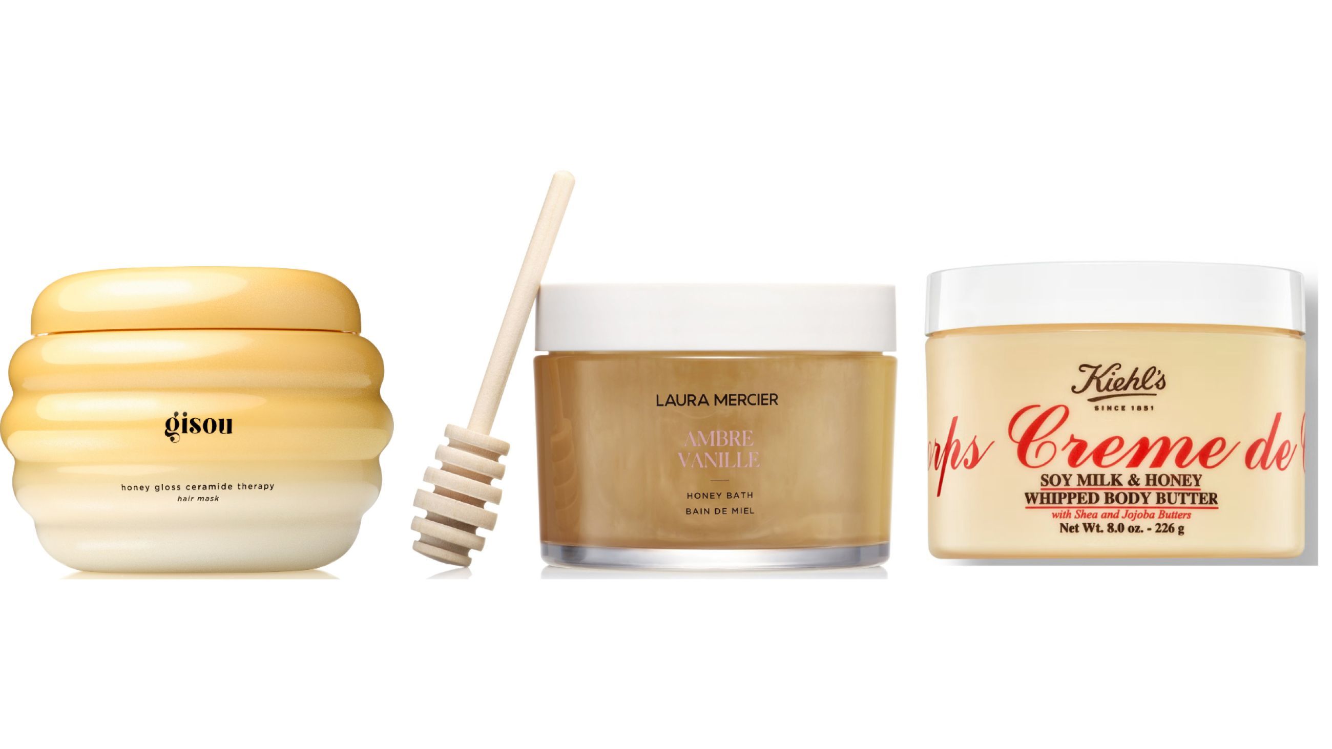 Da sinistra: Gisou, Honey Gloss Ceramide Therapy Hair Mask Hair Mask; Laura Mercier, Ambre Vanille Honey Bath; Kiehl's, Creme de Corps Soy Milk & Honey Body Butter - Courtesy Press Office