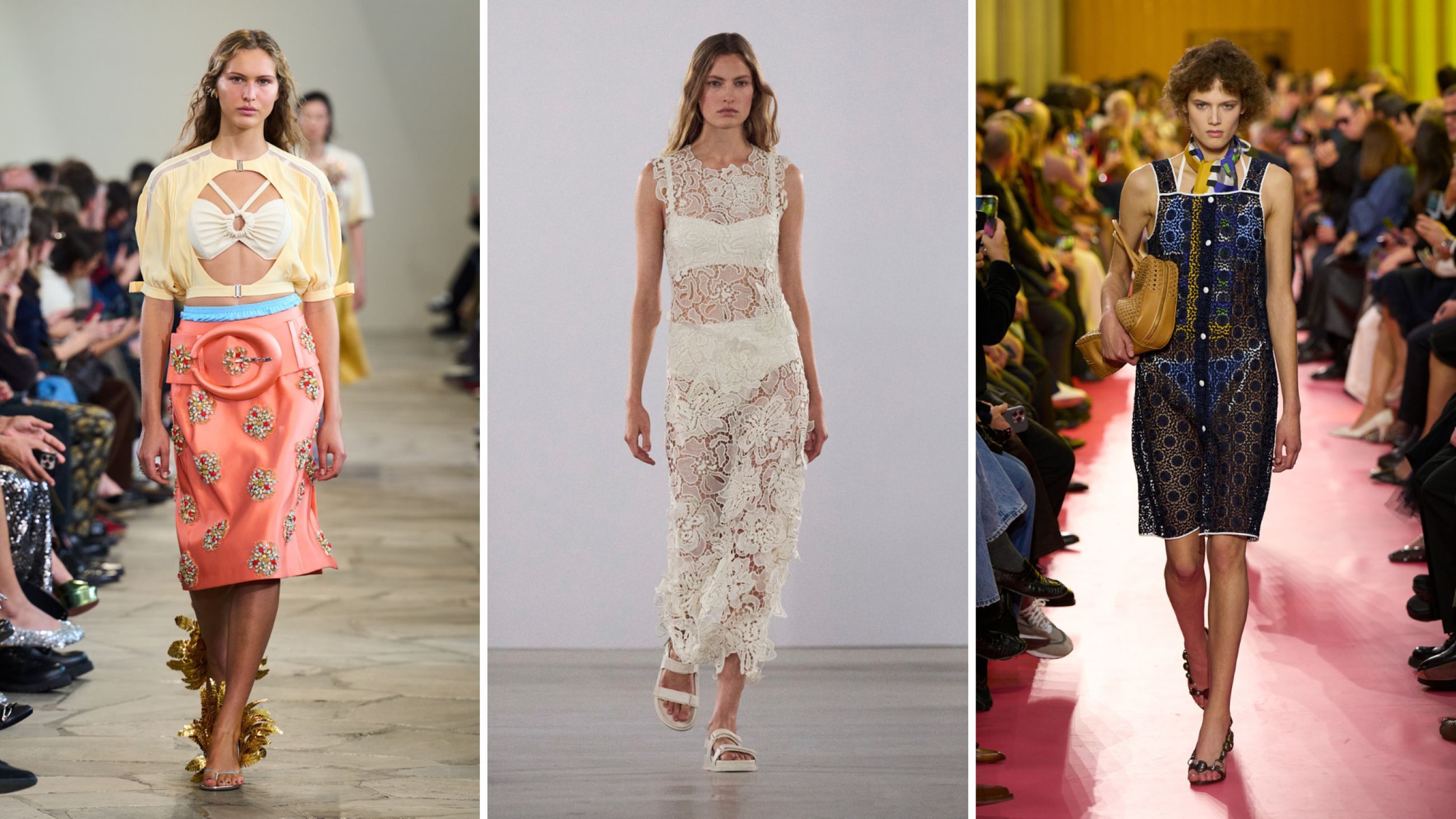 Da sinistra: Rabanne; Simkhai; Miu Miu SS26 - Credits Launchmetrics.com/Spotlight
