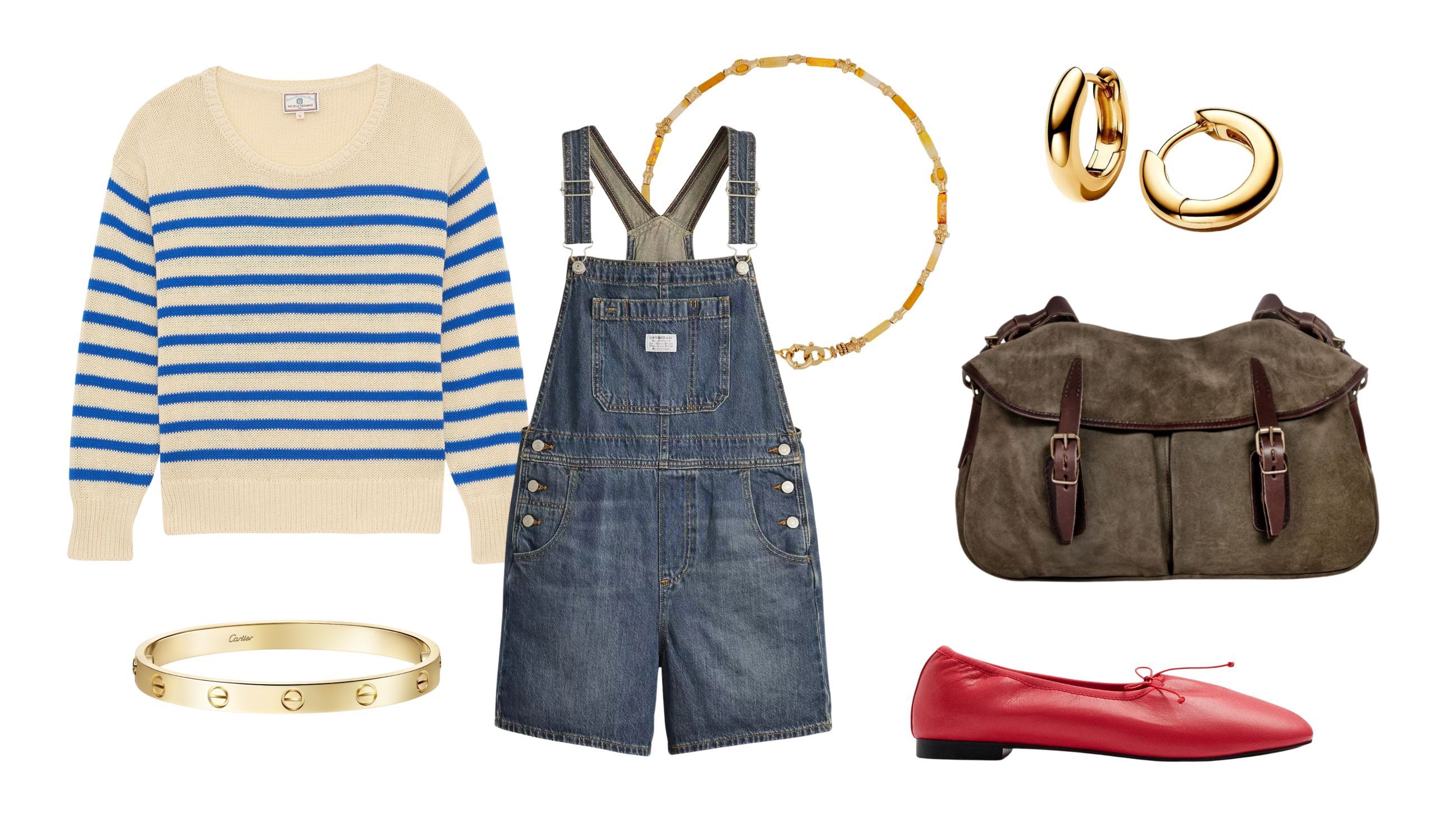 Maglioncino, Ines de la Fressange; salopette, Levi’s; scarpe, Parfois; borsa, Bleu de Chauffe; orecchini, Pandora; collana, Gas Bijoux; bracciale, Cartier