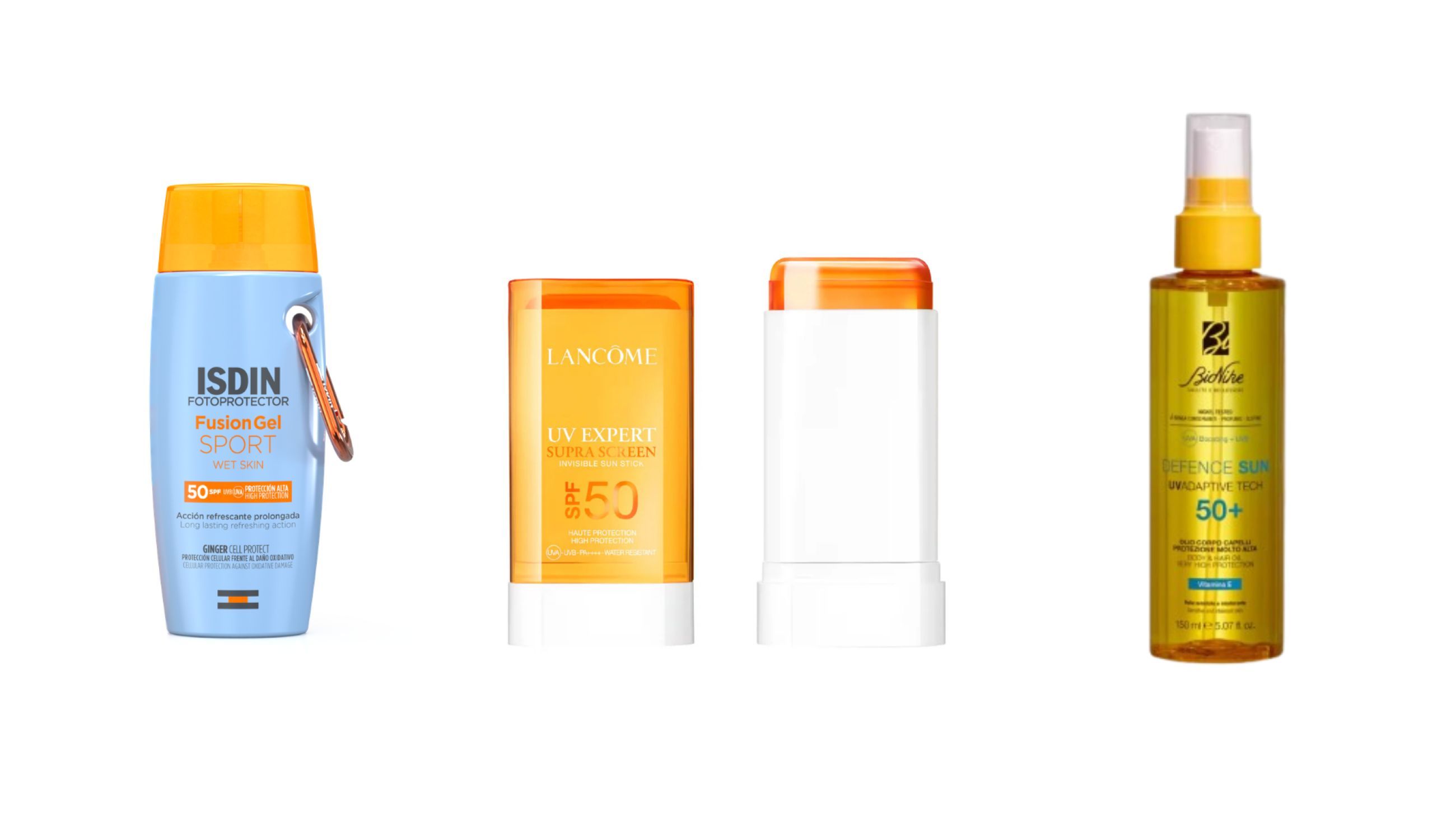 Da sinistra: ISDIN, Fusion Gel Sport SPF50; Lancôme, UV Expert Supra Screen Invisible Sun Stick; Bionike, Defence Sun UVAdaptive Tech SPF50 - Courtesy Press Office