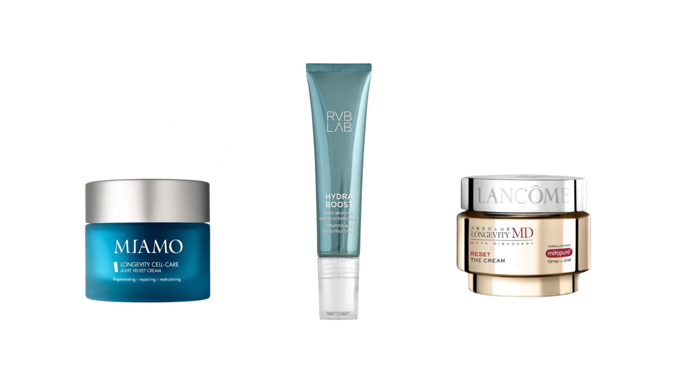 Da sinistra: Miamo, Longevity Cell-Care Light Velvet Cream; RVB Lab, Hydra Boost Acido Ialuronico Crema Contorno Occhi; Lancôme, Absôlue Longevity M.D. Reset-The Cream - Courtesy Press Office