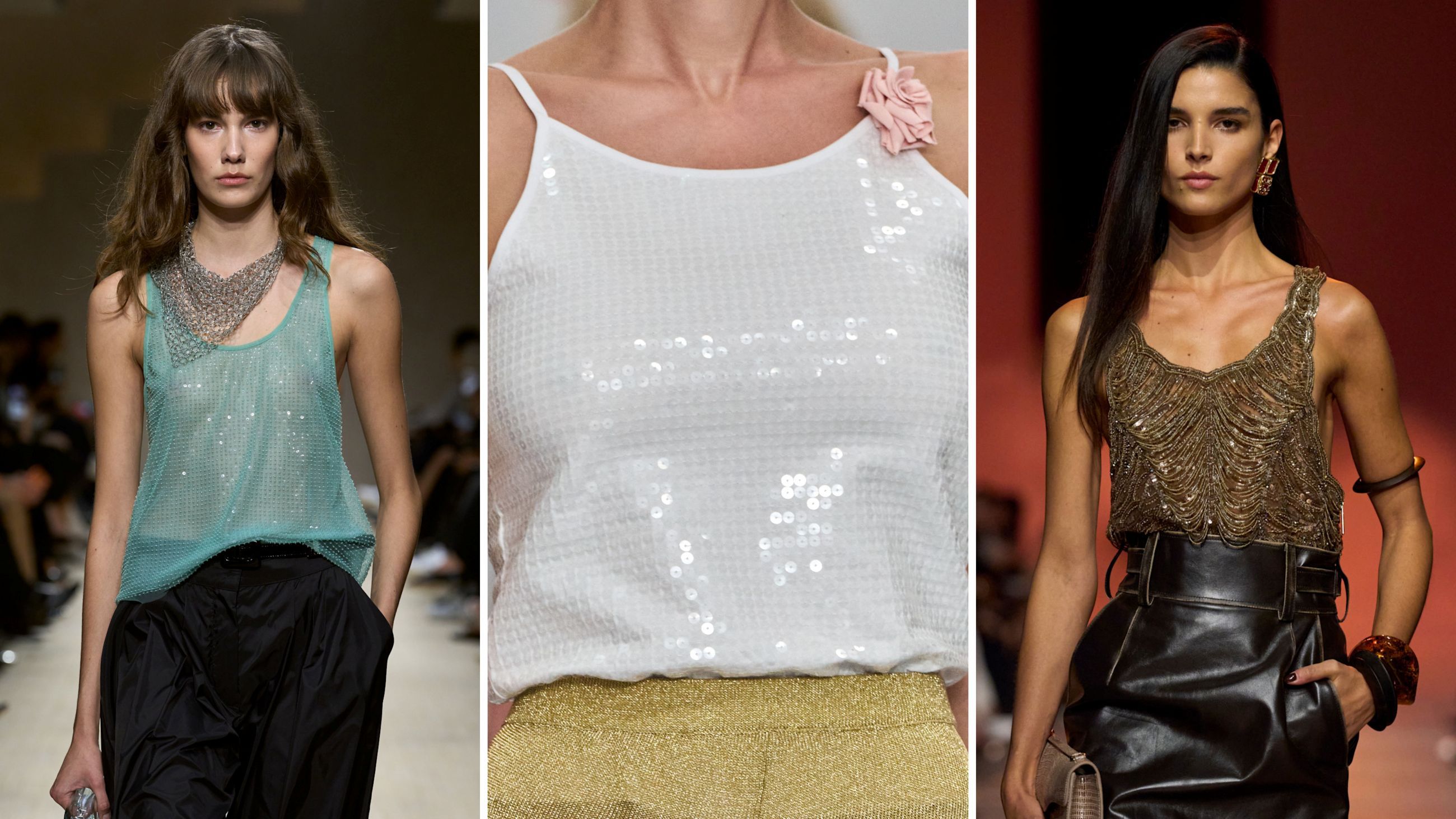 Da sinistra: Emporio Armani; Conner Ives; Elie Saab - Credits: Launchmetrics.com/Spotlight