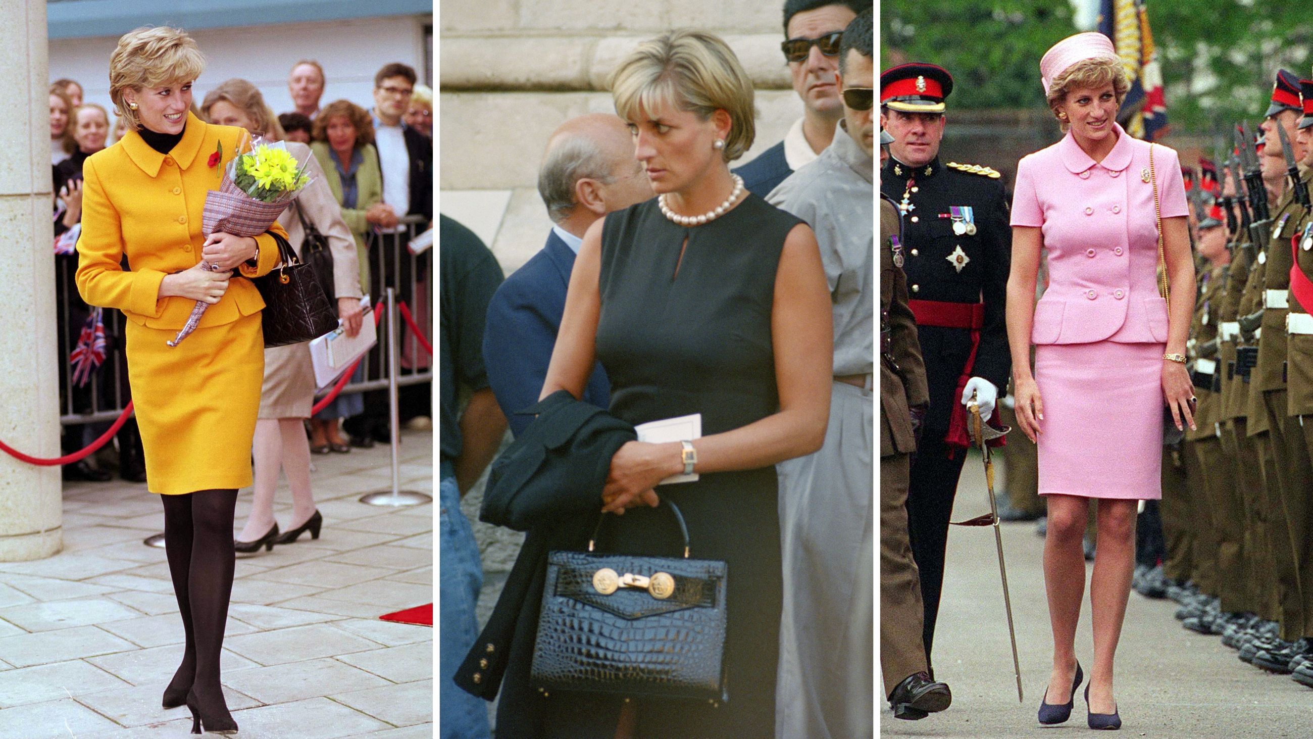 A sinistra, la Principessa Diana durante una visita a Liverpool con indosso un completo color giallo acceso realizzato per lei da Gianni Versace, il 7 novembre 1995; a destra la Principessa saluta i soldati della centrale militare di Howe Barracks, a Canterbury nel Kent (Inghilterra), con indosso un tailleur rosa pastello sempre firmato dall’amico stilista, il 1 maggio 1995; al centro Lady Diana durante l’ultimo saluto a Gianni, il 22 luglio 1997 - Credits: Getty Images