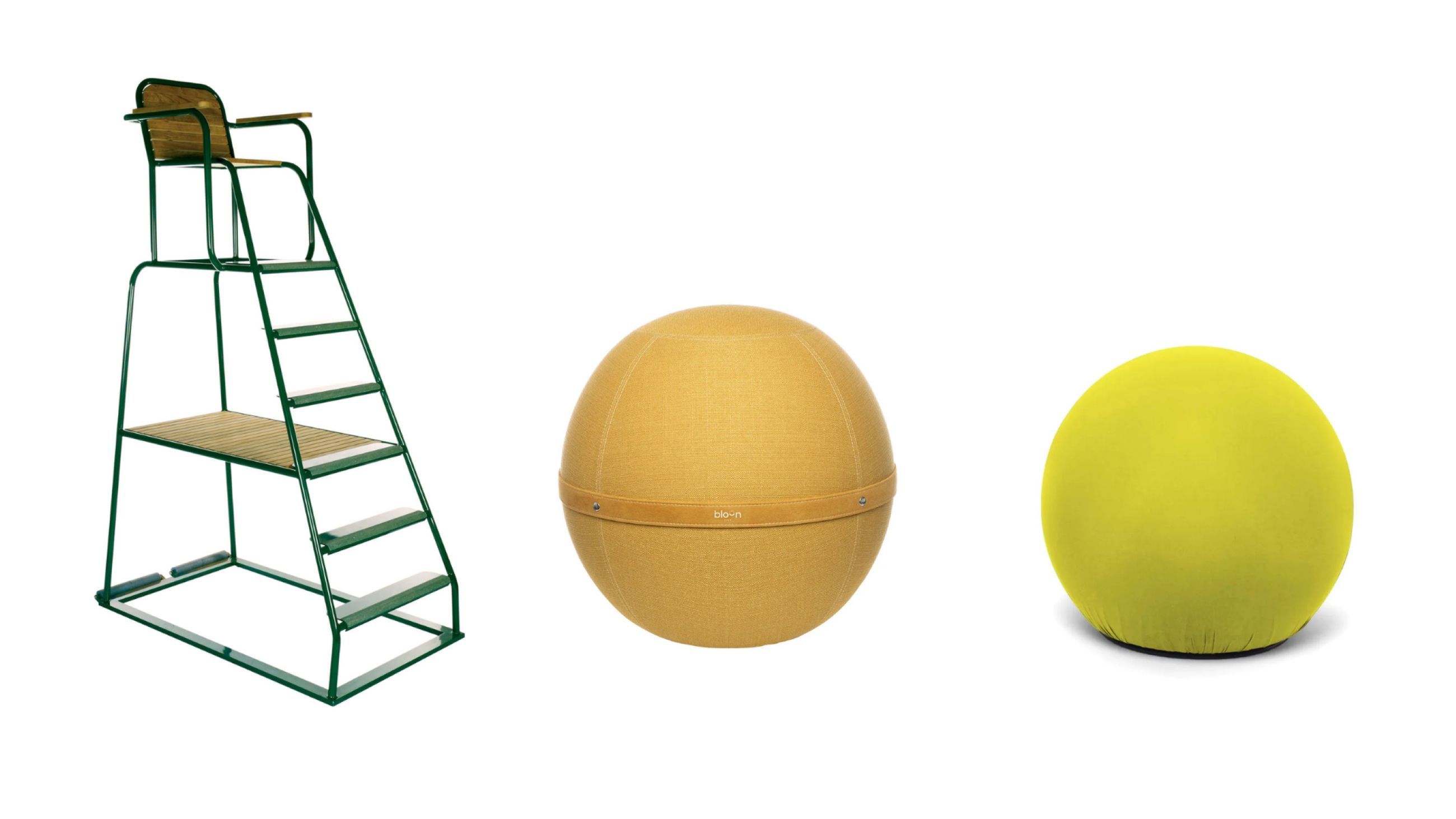 Da sinistra: Chair Umpire di Tectona, design Pierre Charpin - Courtesy Tectona; Ballon di Bloon Paris - Courtesy Bloon Paris; Tatino di Baleri, design Denis Santachiara ed Enrico Baleri - Courtesy Baleri