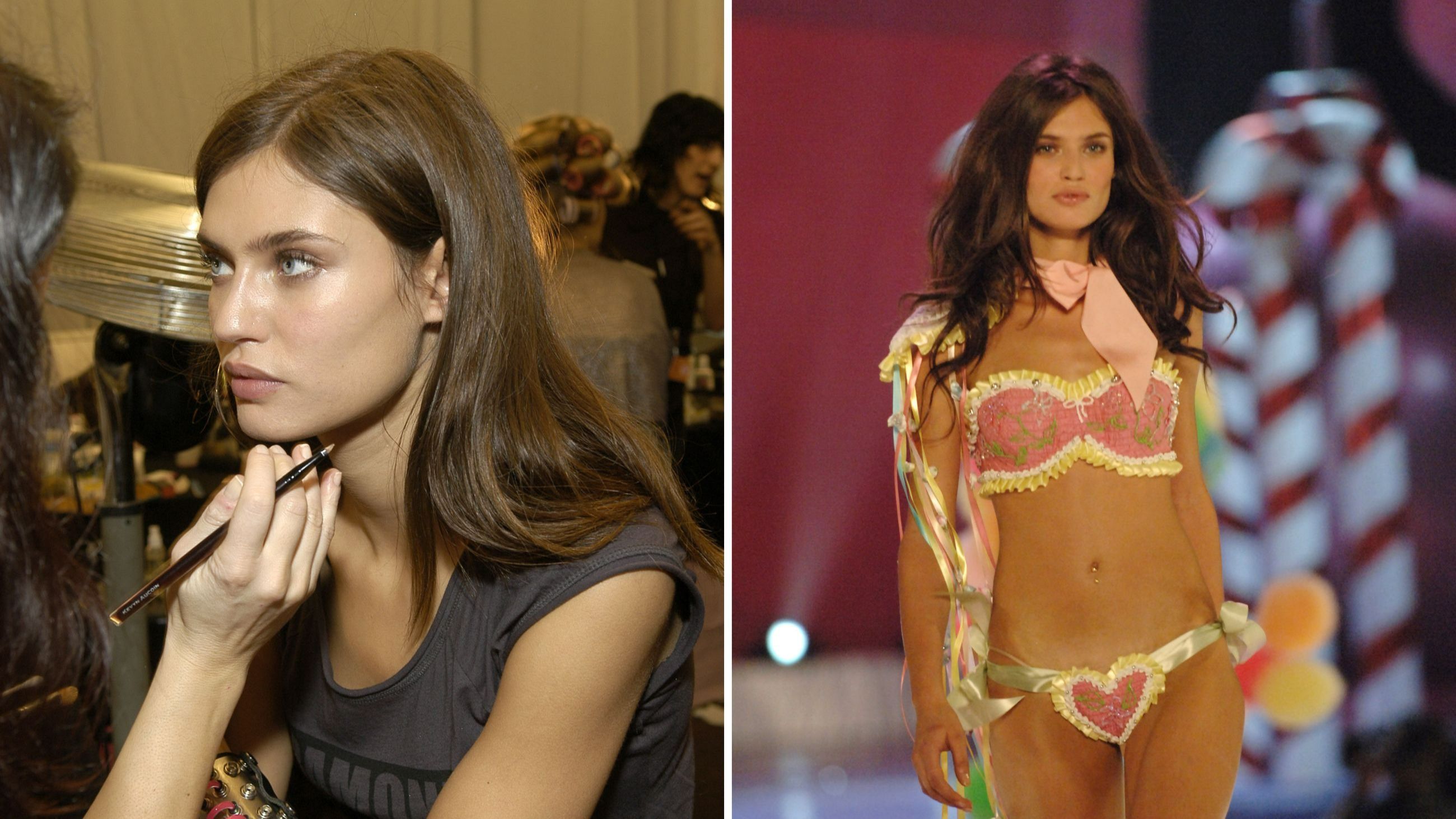 A sinistra, Bianca Balti nel backstage della decima edizione del Victoria's Secret Fashion Show, nel 2005 e, a destra, in passerella  - Credits: Getty Images