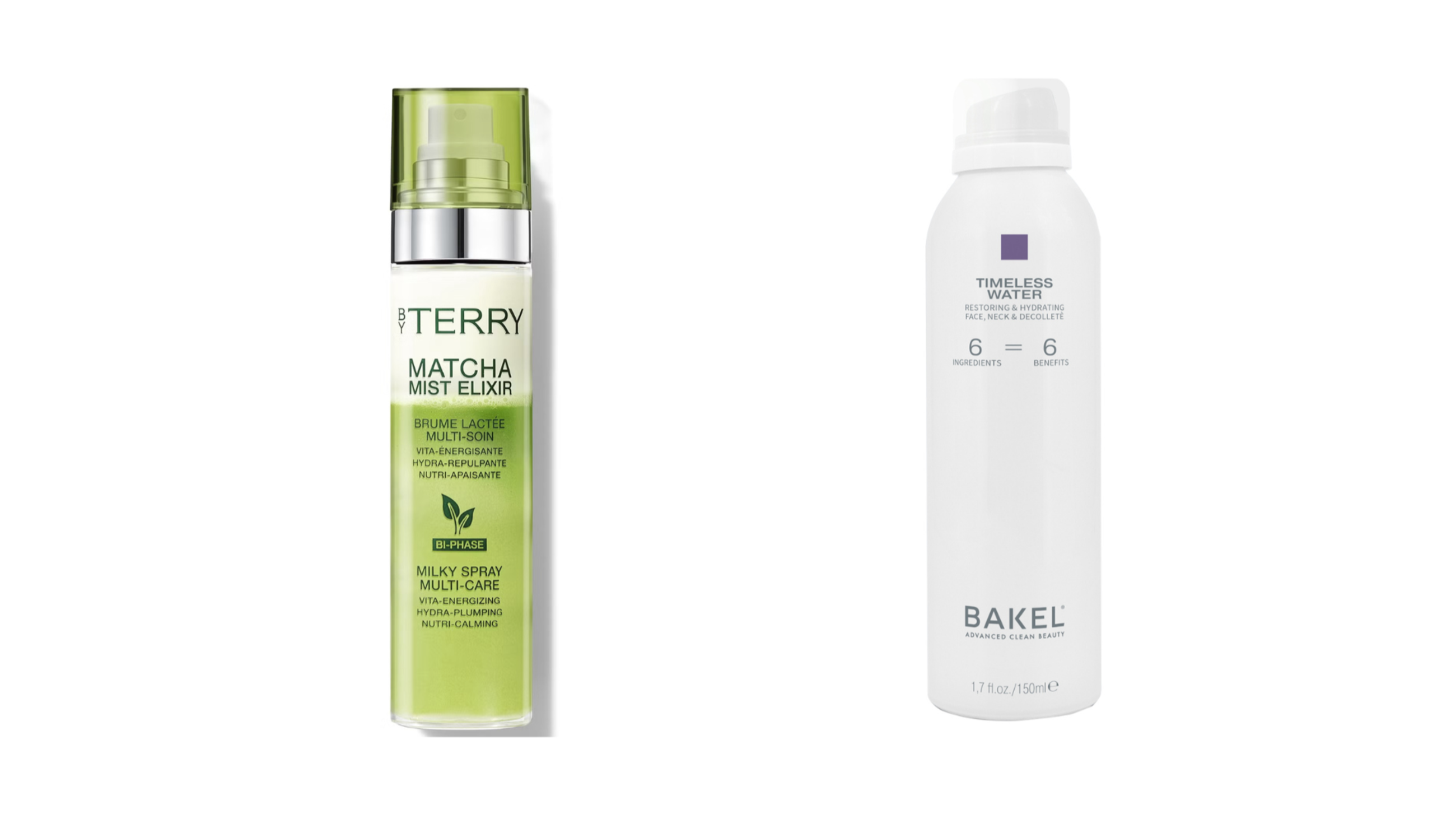 Da sinistra: By Terry, Matcha Mist Elixir; Bakel, Timeless Water - Courtesy Press Office