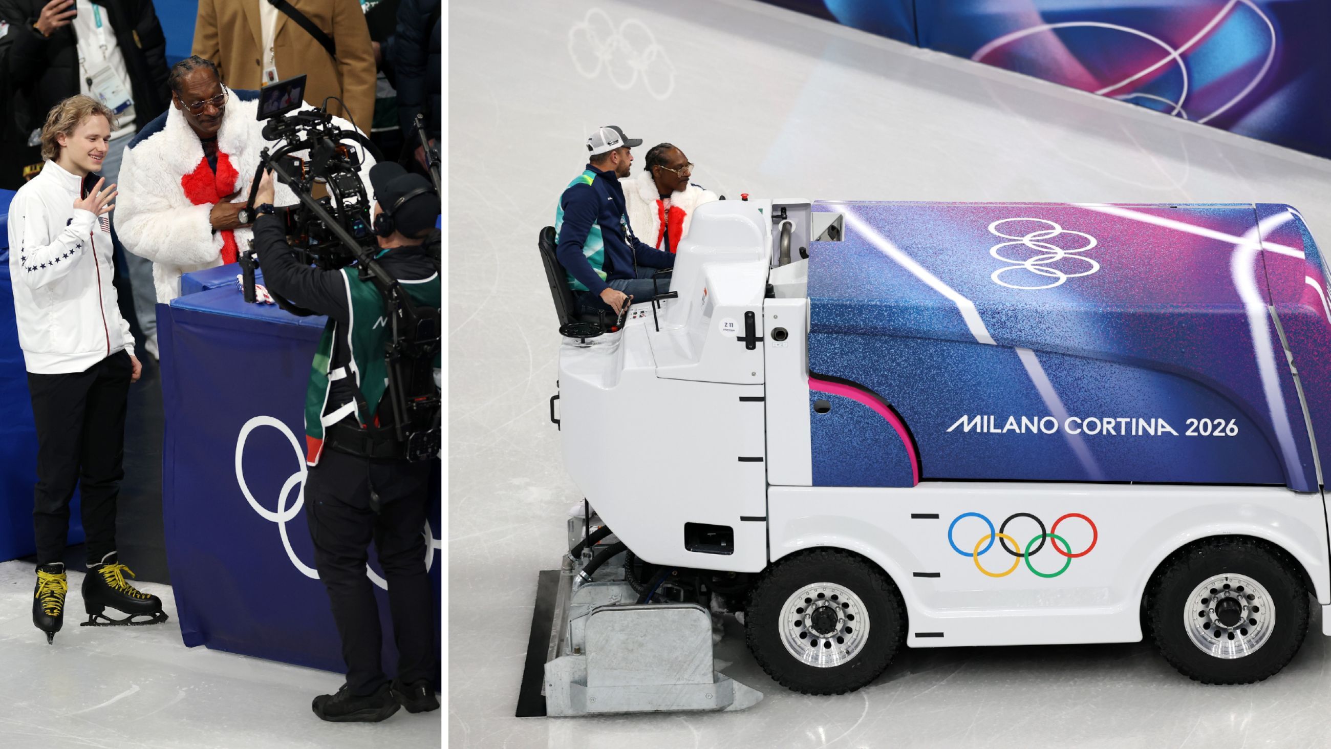 A sinistra, Ilia Malinin posa con il rapper americano Snoop Dogg prima di una sessione di allenamento a tre giorni dall'inizio dei Giochi Olimpici Invernali Milano Cortina 2026 alla Milano Ice Skating Arena; a destra, Snoop Dogg guida una macchina per il rifacimento del ghiaccio - Credits Getty Images