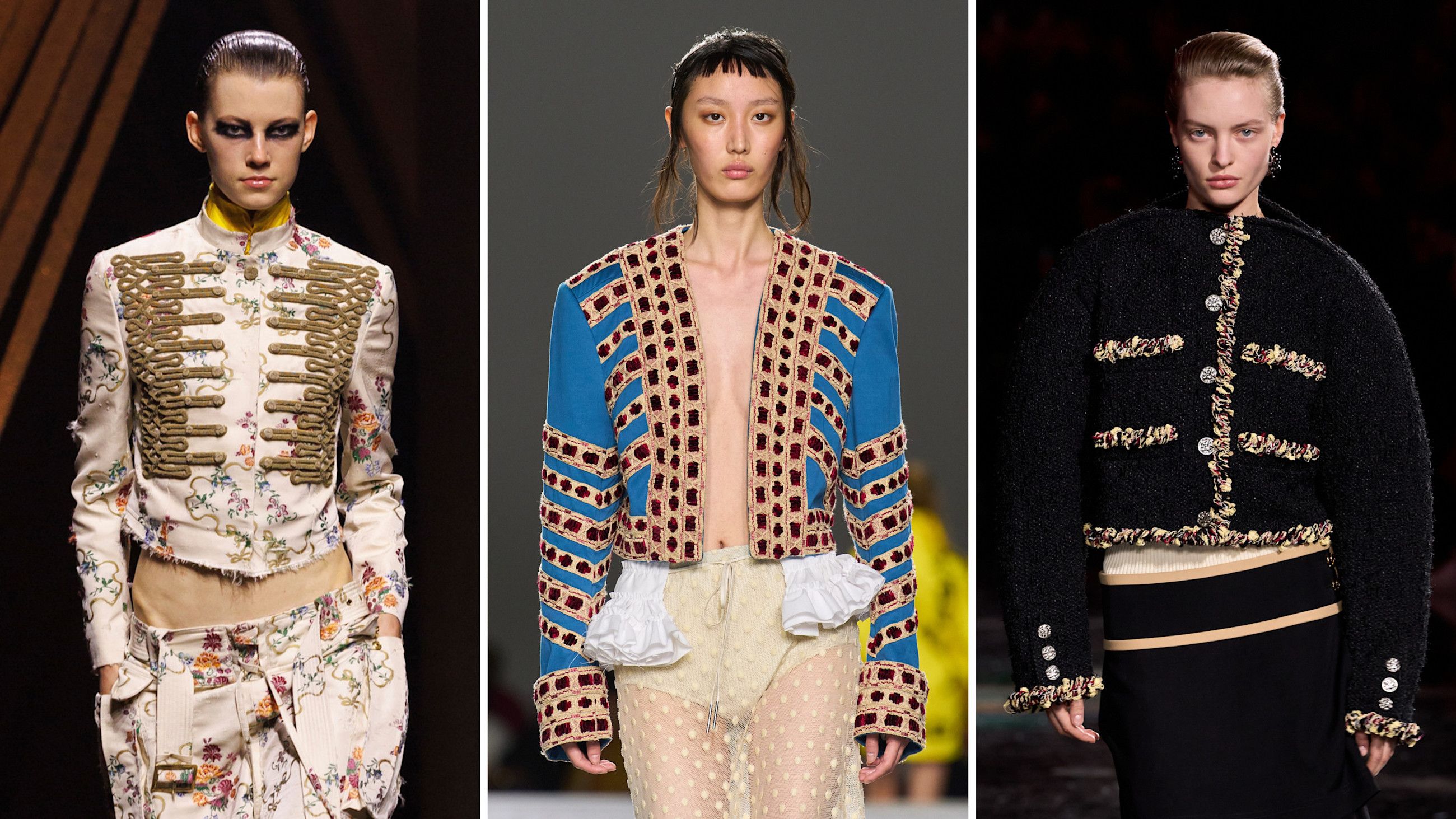 In passerella per la Primavera/Estate 2026 la napoleon jacket è protagonista. Da sinistra: creazioni di Alexander McQueen, Dries Van Noten e Chanel - Credits: Launchmetrics.com/Spotlight
