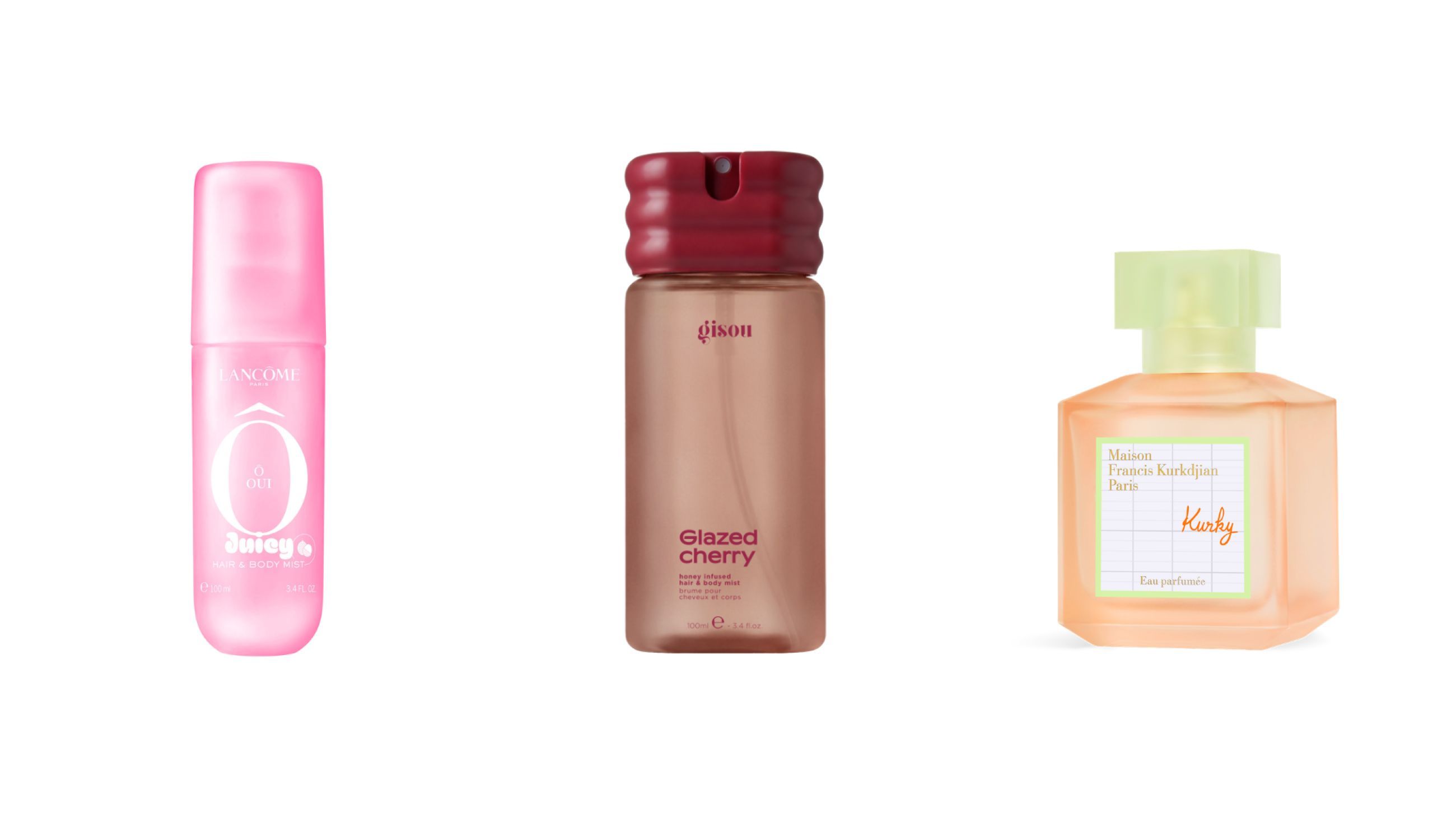 Da sinistra: Lancôme, Les Ô Juicy Hair Body Mists Ô Oui; Gisou, Hair & Body Mist Cherry; Maison Francis Kurkdjian, Kurky Eau Parfumée - Courtesy Press Office