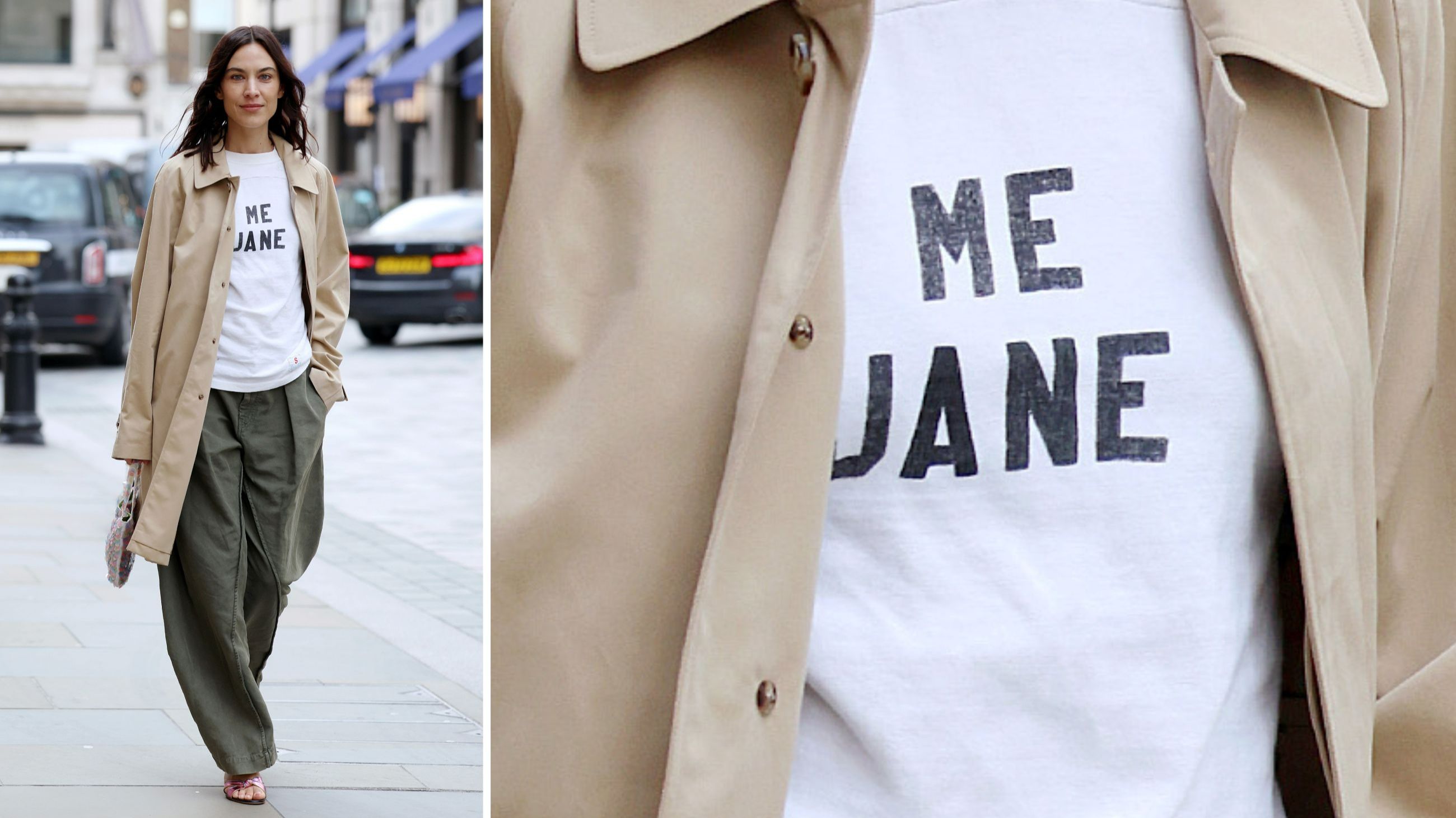 La presentatrice Alexa Chung cammina per il quartiere Mayfair di Londra durante la London Fashion Week FW 26-27, sfoggiando un look casual chic in cui la t-shirt bianca con scritta nera è protagonista - Credits: Getty Images
