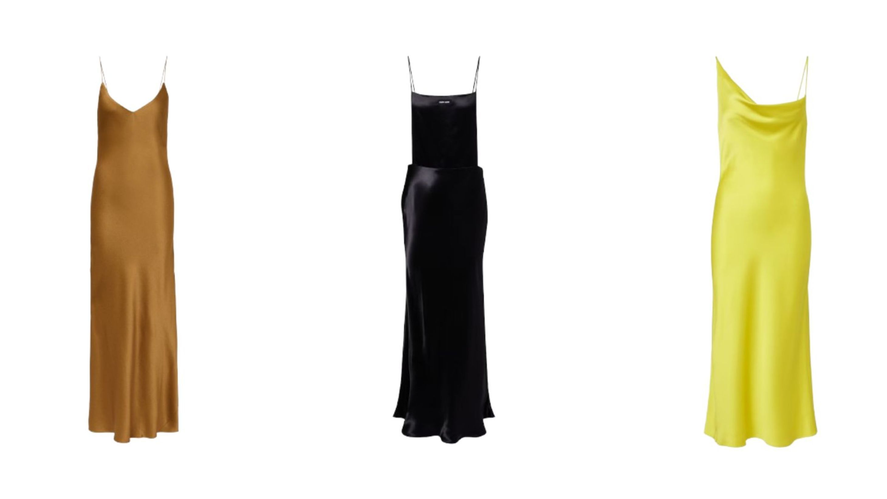 Slip dress color senape di Blazé Milano; slip dress nero di Miu Miu; split dress con nuance citrica di Stella McCartney Credits: Courtesy Press Office 
