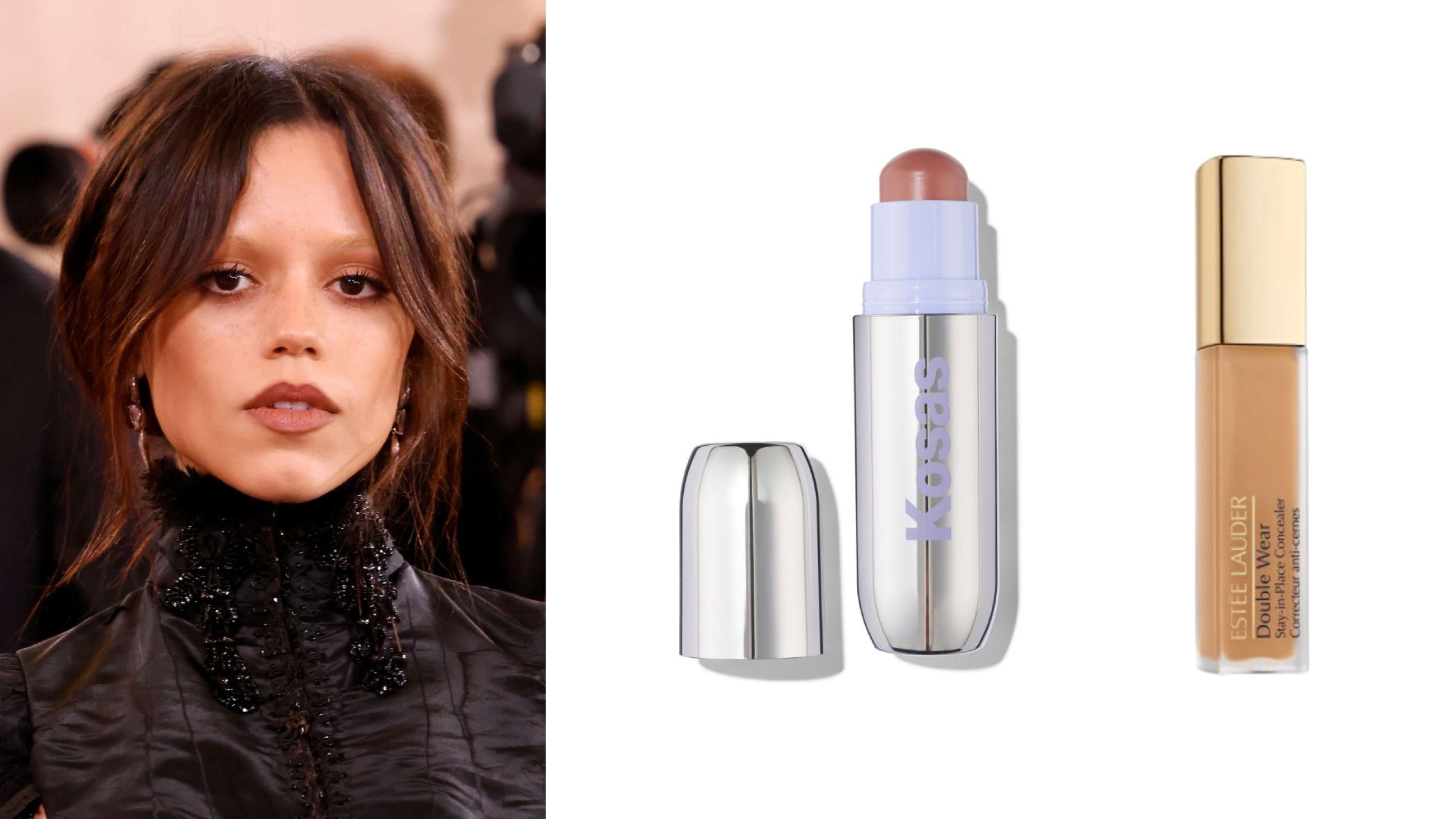 Jenna Ortega; Kosas, Impressionist Multi Stick; Double Wear Stay in Place Concealer, Estee Lauder - Credits: Getty Images; Courtesy Press Office