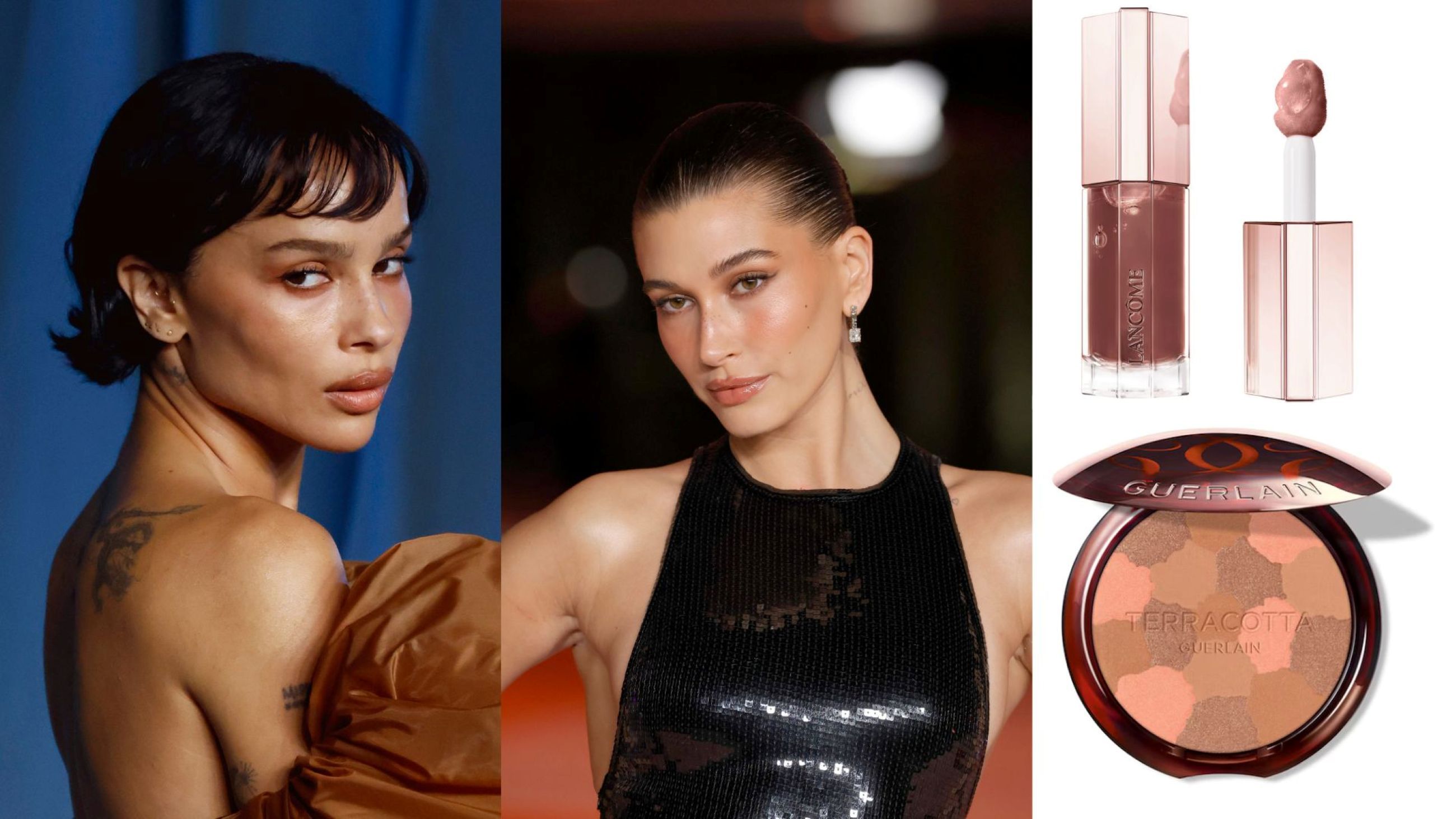 Zoe Kravitz e Hailey Bieber; Guerlain, Terracotta Light Polvere Abbronzante; Lancôme, Lip Idôle JuicyTreat - Credits: Getty Images; Courtesy Press Office