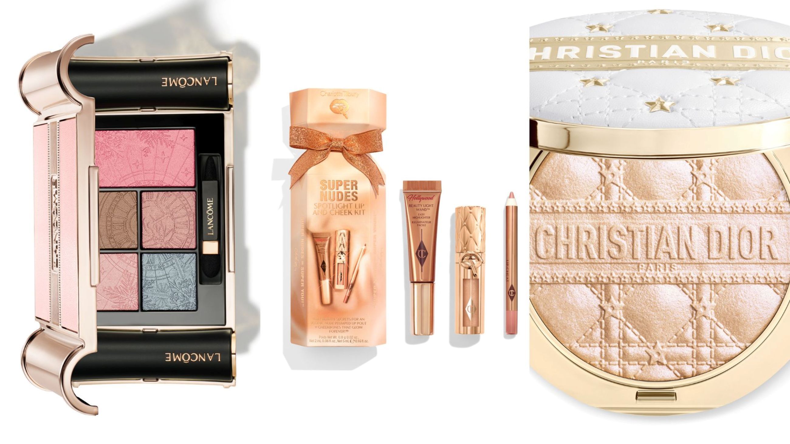 Lancôme, Palette Great Minaudière; Charlotte Tilbury, Super Nudes Plump Lip & Cheek Kit; Dior, Forever Glow Luminizer - Credits: Courtesy Press Office