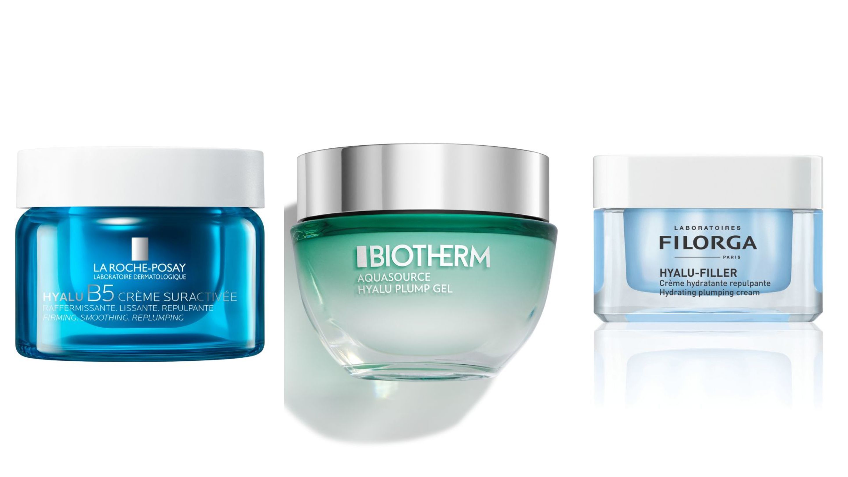 La Roche Posay, Hyalu B5 Hyalu B5 Trattamento Antirughe Levigante; Biotherm, Aquasource Hyalu Plump Gel; Filorga, Hyalu-Filler Cream - Credits: Courtesy Press Office
