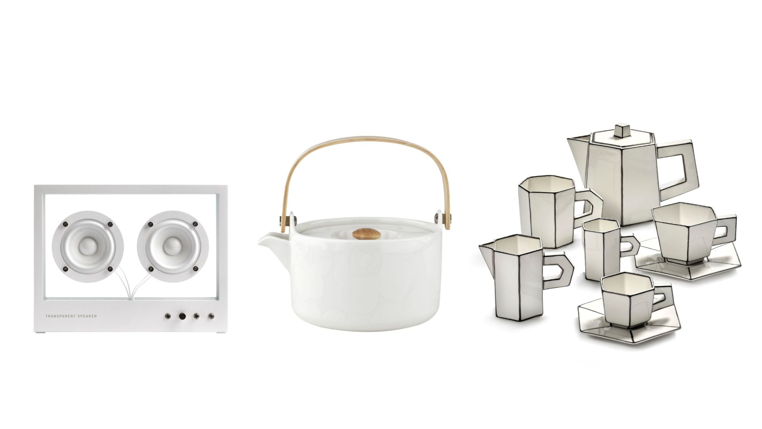 Small Transparent Speaker; Teiera Oiva Unikko di Marimekko; Set Carte Blanche di Serax - Courtesy Press Office