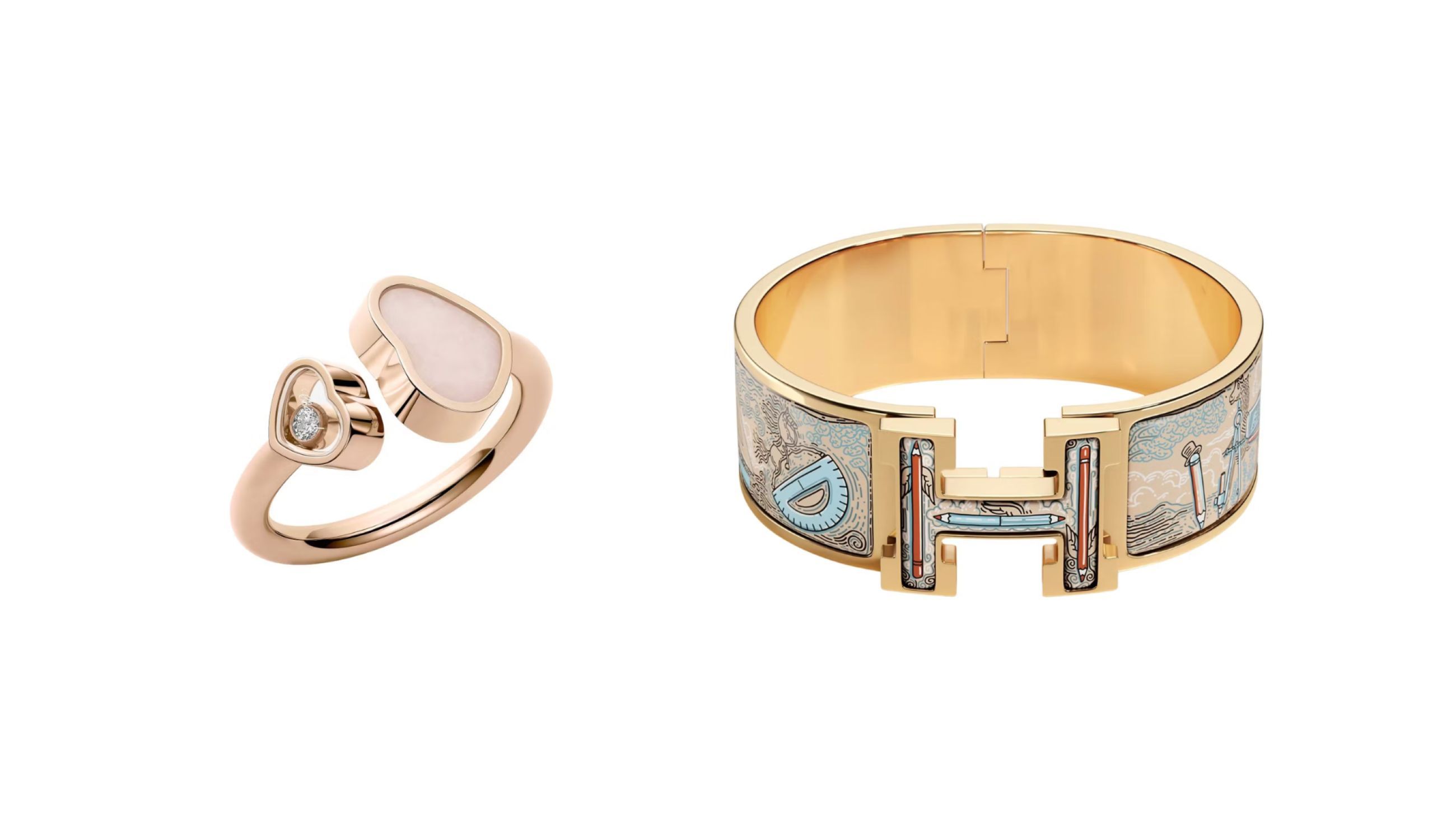 A sinistra l’anello Happy Hearts in oro rosa etico, diamanti e madreperla; a destra il bracciale Clic Clac H Les Outils du Dessin di Hermès; Courtesy Press Office - Credits: www.hermès.com
