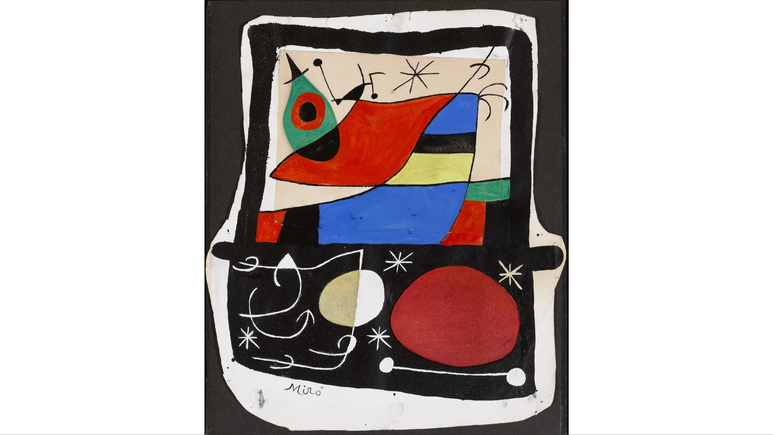 Joan Miró Il volo dell'Alosa 1973 Tecnica mista, gouach e inchiostro su carta, 30x25 cm © Successió Miró, by SIAE 2025