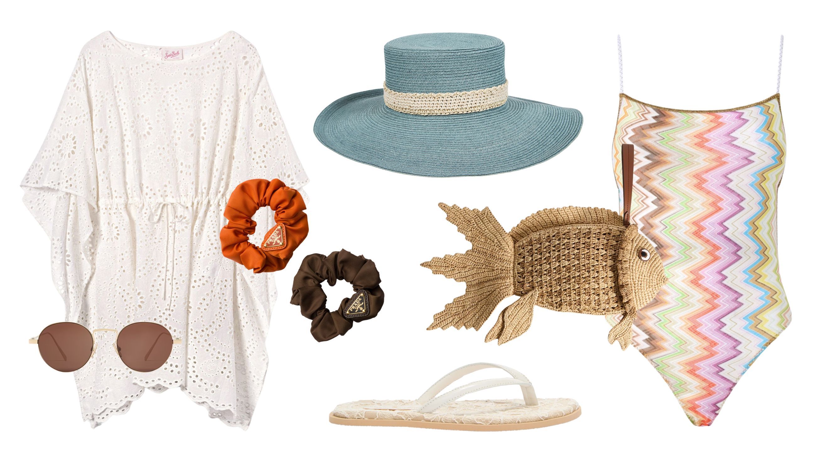 Caftano, MC2 Saint Barth; costume, Missoni; cappello, Eleventy; infradito, Ermanno Scervino; elastici per capelli, Prada; occhiali da sole, Celine; clutch, Anya Hindmarch