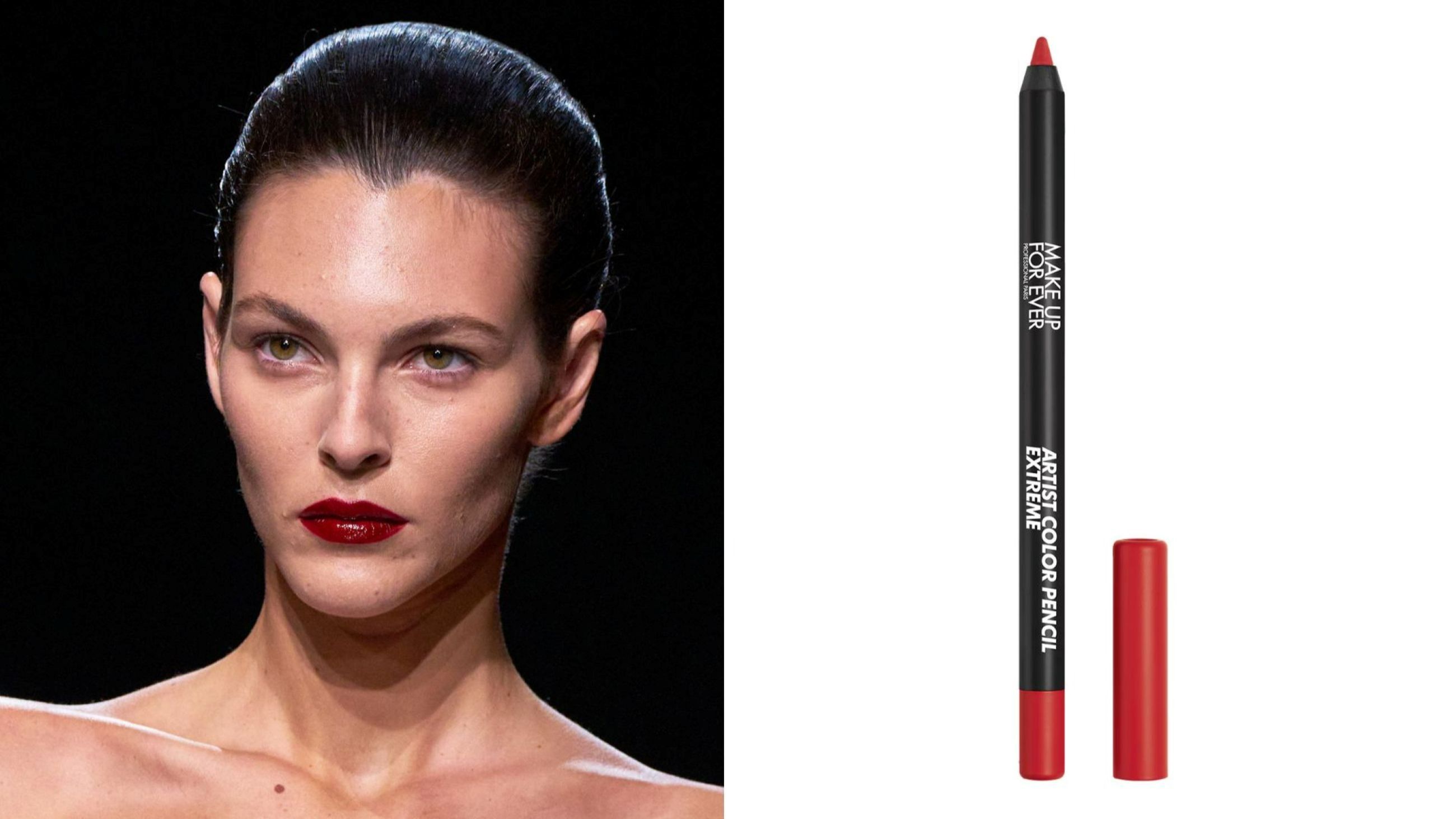 Labbra Gioiello, Tom Ford FW25; Color Pencil Extreme di Make Up Forever - Credits: Launchmetrics.com/Spotlight; Courtesy Press Office
