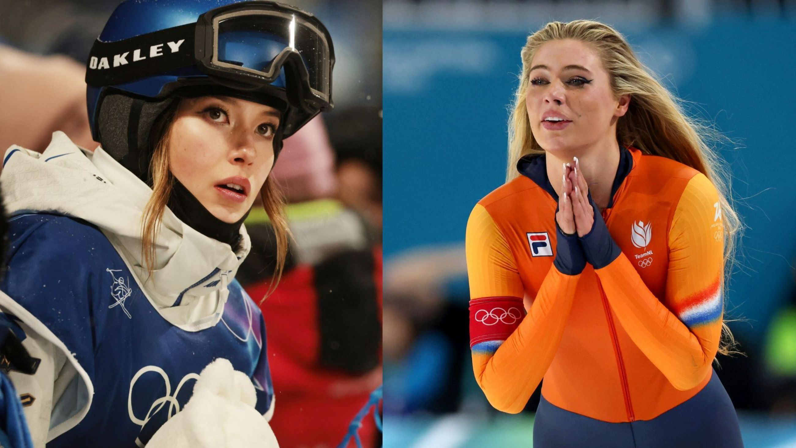 Ailing Eileen Gu del Team Repubblica di Cina osserva durante il Big Air femminile di freeski, nel decimo giorno dei Giochi Olimpici Invernali di Milano Cortina 2026, presso il Livigno Snow Park il 16 febbraio 2026 a Livigno, Italia; Jutta Leerdam del Team Paesi Bassi festeggia dopo aver stabilito il record olimpico durante i 1000 metri femminili di pattinaggio di velocità, nel terzo giorno dei Giochi Olimpici Invernali di Milano Cortina 2026, presso il Milano Speed Skating Stadium il 9 febbraio 2026 a Milano, Italia - Credits: Getty Images
