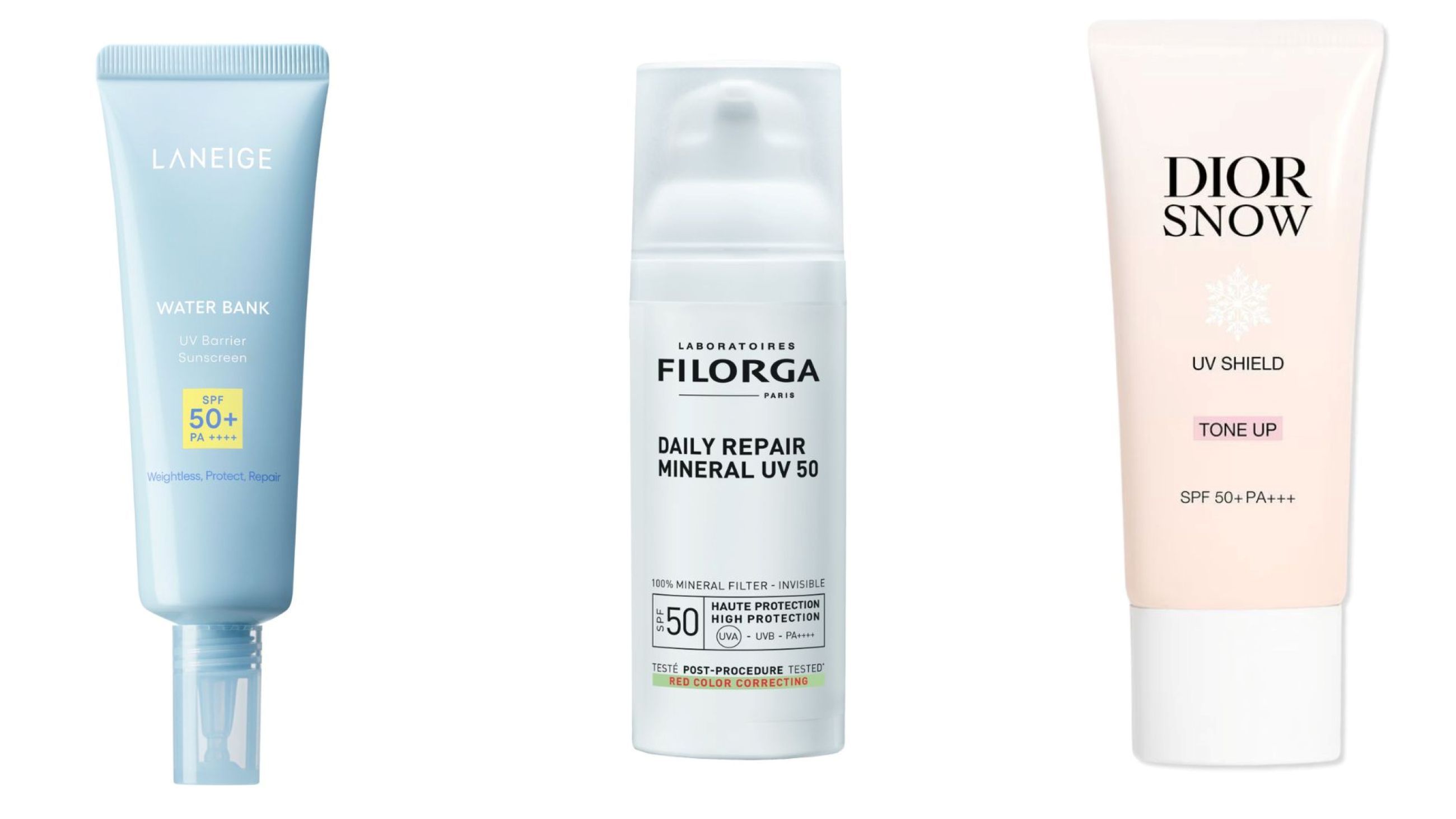 Laneige UV Barrier Sunscreen SPF50; Filorga, Daily Repair Mineral UV spf50; Dior, Dior Snow UV Shield SPF50 - Credits: Courtesy Press Office