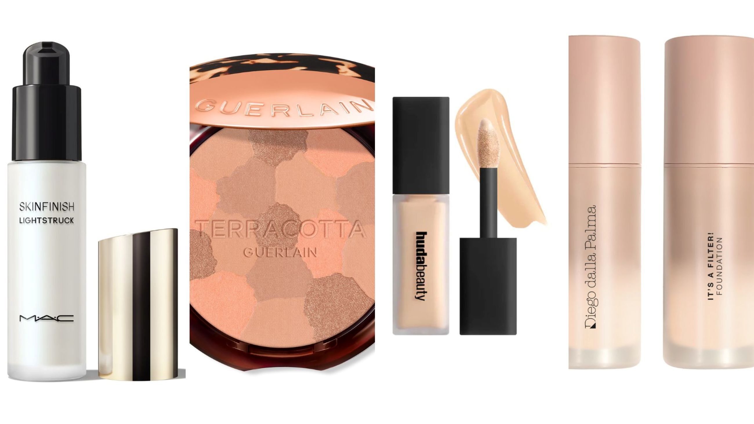 Mac, Skinfinish Lightstruck Liquid Highlighter; Guerlain, Terracotta Light; Huda Beauty, #fauxfilter Luminous Liquid Concealer; Diego Dalla Palma, It's a filter! Foundation - Credits: Courtesy Press Office
