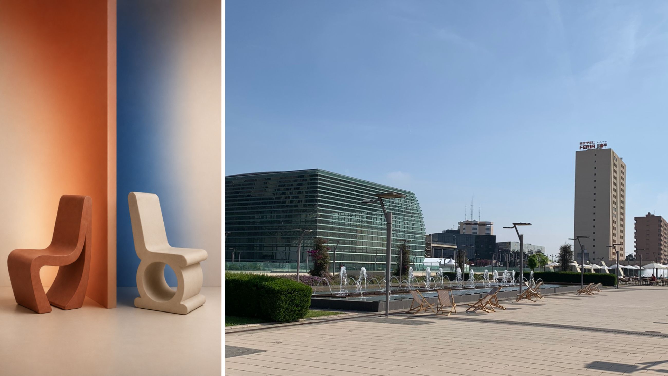 Da sinistra: Ciment Studio porta a Feria Hábitat Valencia 2026 un linguaggio più organico e cromatico, tra forme curve, microcemento artigianale e nuove soluzioni di arredo e illuminazione - Courtesy Hábitat Valencia; Il piazzale di Feria Valencia, grande spazio all’aperto che accompagna gli edifici fieristici, diventa una naturale estensione dell’architettura e degli eventi che animano il complesso - Courtesy Wiki Commons 