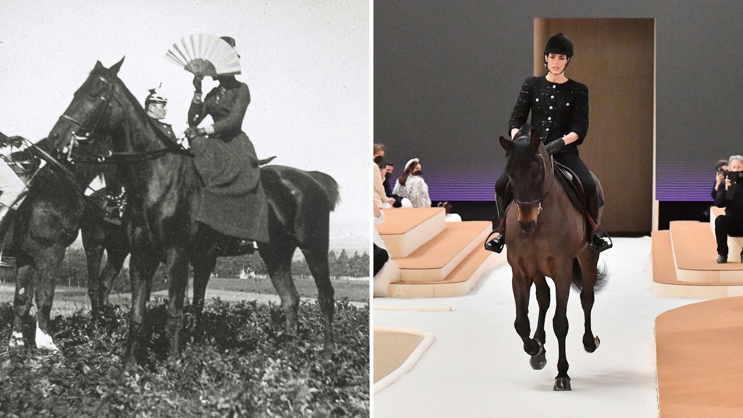 A sinistra, l’Imperatrice Sissi a cavallo mentre si nasconde il volto con un ventaglio; 1865 – A destra, la principessa Charlotte Casiraghi sfila in passerella per la Collezione Haute Couture di Chanel; 2022 - Credits: Getty Images